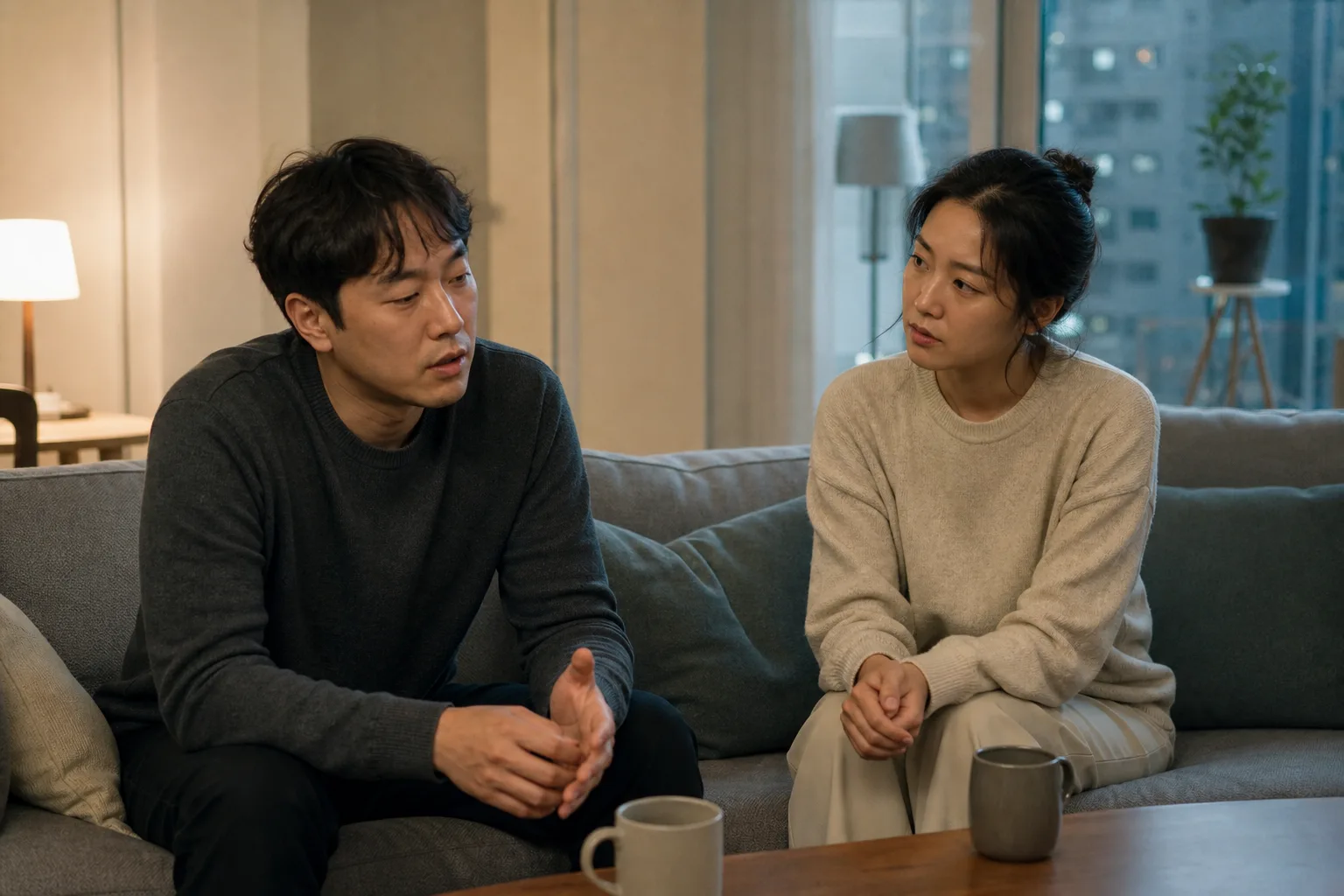 거실에서 지친 상대의 말을 해결책부터 내놓지 않고 들어주는 남성의 모습