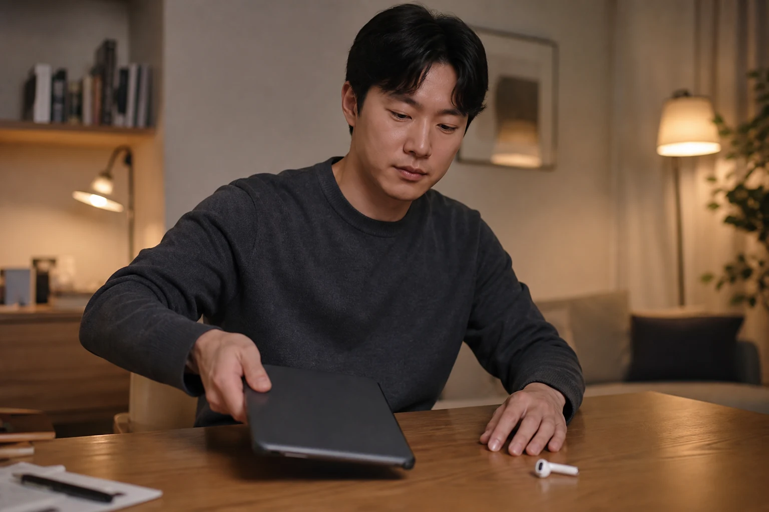온라인에서 찾은 사적 사진을 더 넘기지 않고 휴대전화를 내려놓은 채 현재 대화로 돌아오는 남성