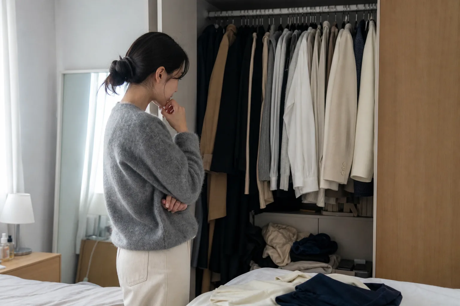 데이트 옷, 옷장 앞에서 한참 망설여질 때 상황을 일상 공간에서 차분히 마주하는 한국 성인들의 자연스러운 모습