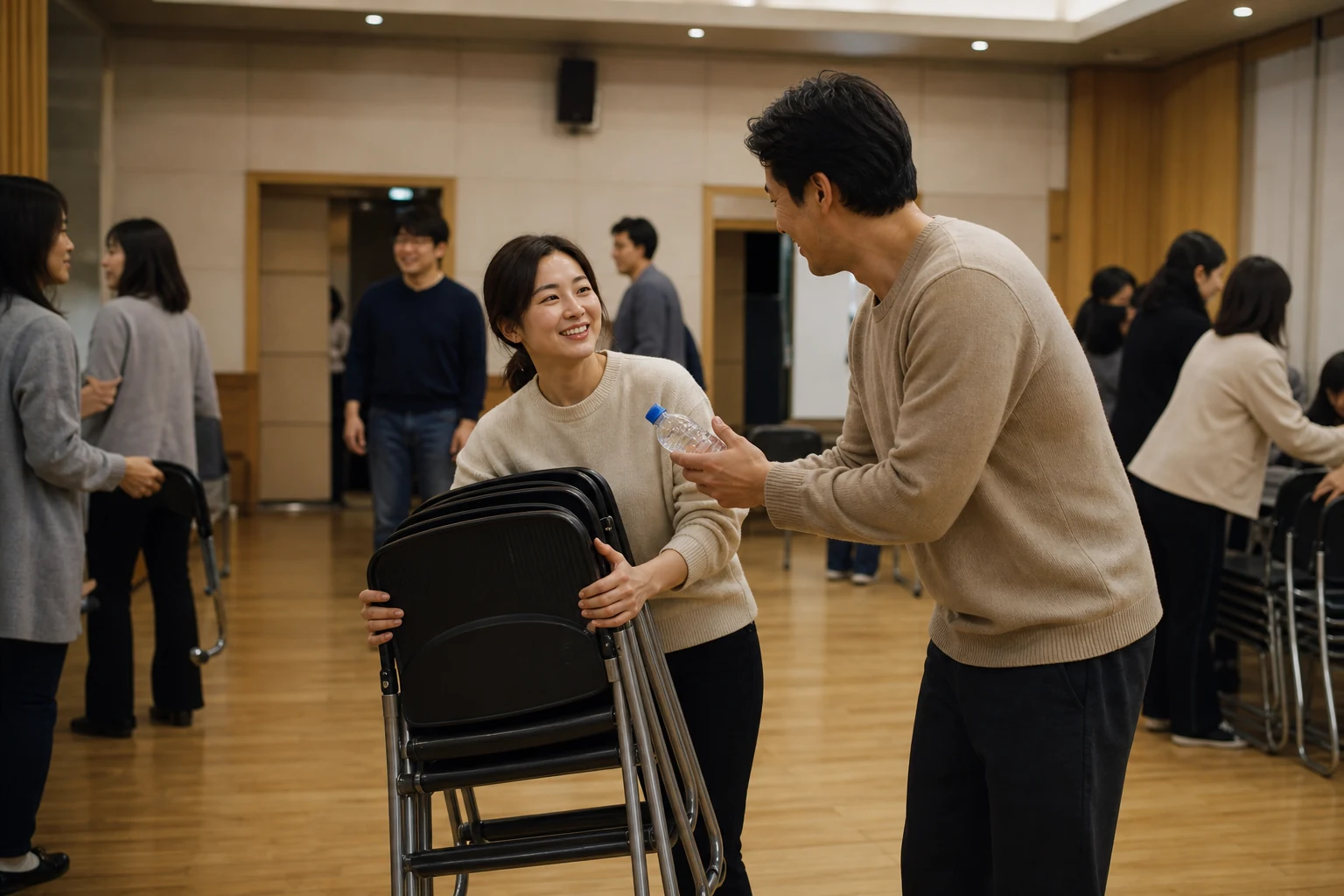 모임을 챙기던 사람에게 연인이 먼저 물을 건네고 의자를 빼주며 돌봄을 되돌리는 장면