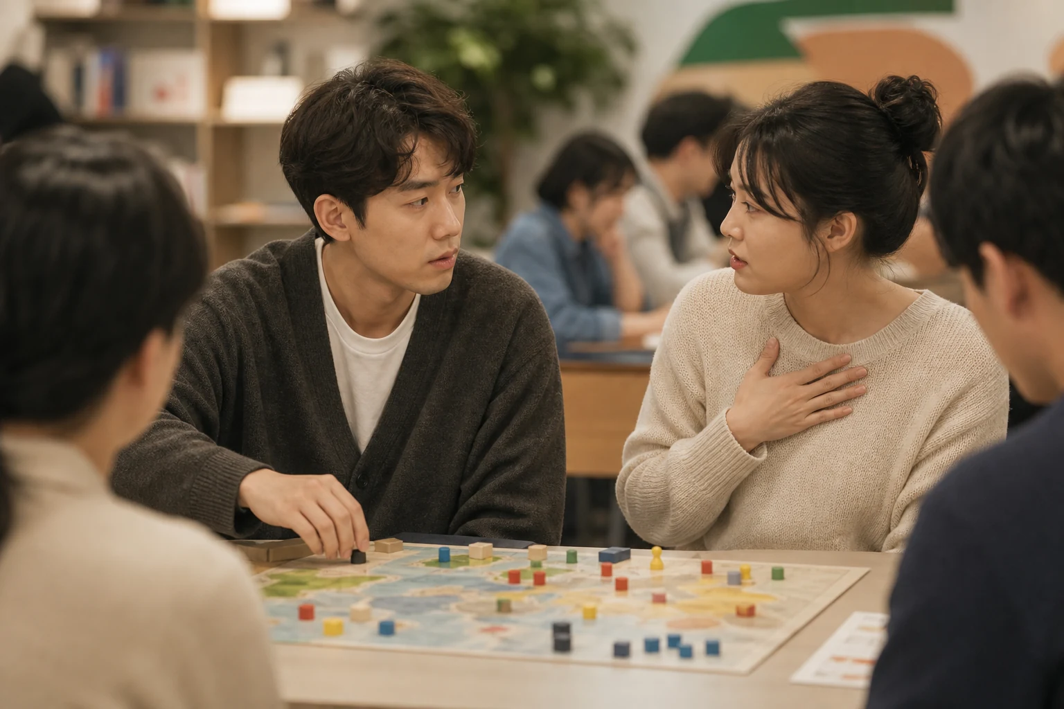 보드게임 토론 중 이기려는 말을 멈추고 상대의 불편한 표정을 진지하게 듣는 사람