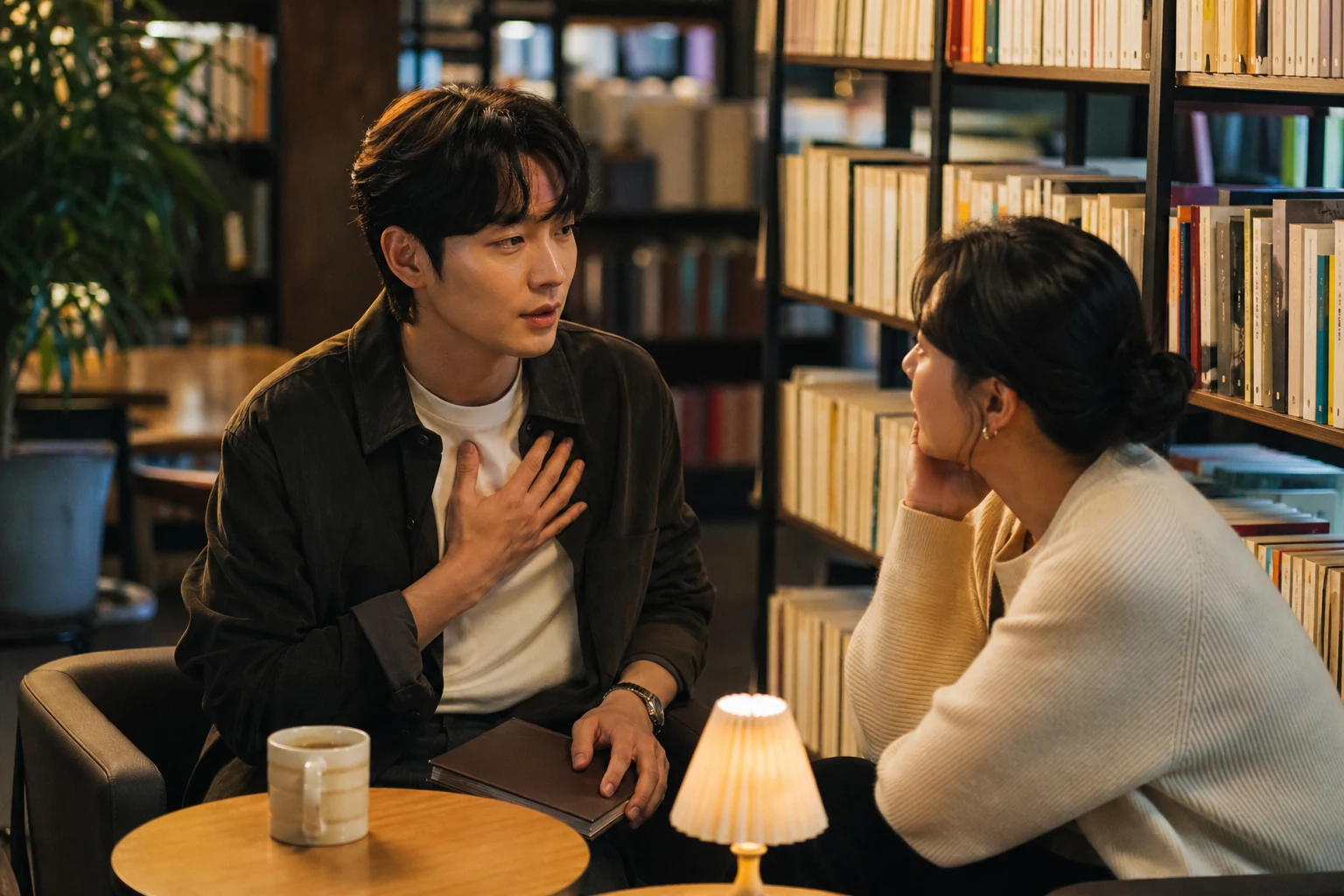 조용한 서점 창가에서 혼자 삼킨 서운함을 직접 말하고 상대의 실제 답을 듣는 두 사람