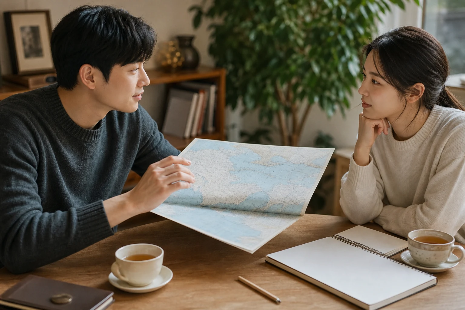 여행 계획을 혼자 확정하지 않고 빈 지도와 일정표를 상대 쪽으로 돌려 함께 고르는 두 사람