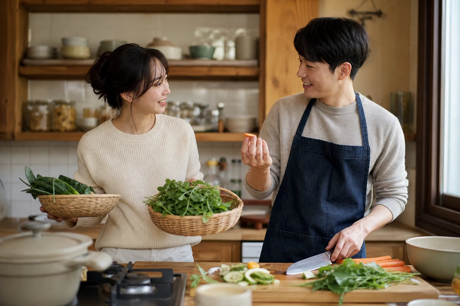 늘 식사를 챙기던 사람이 오늘 원하는 재료를 고르고 상대가 요리를 맡아 돌봄을 나누는 장면