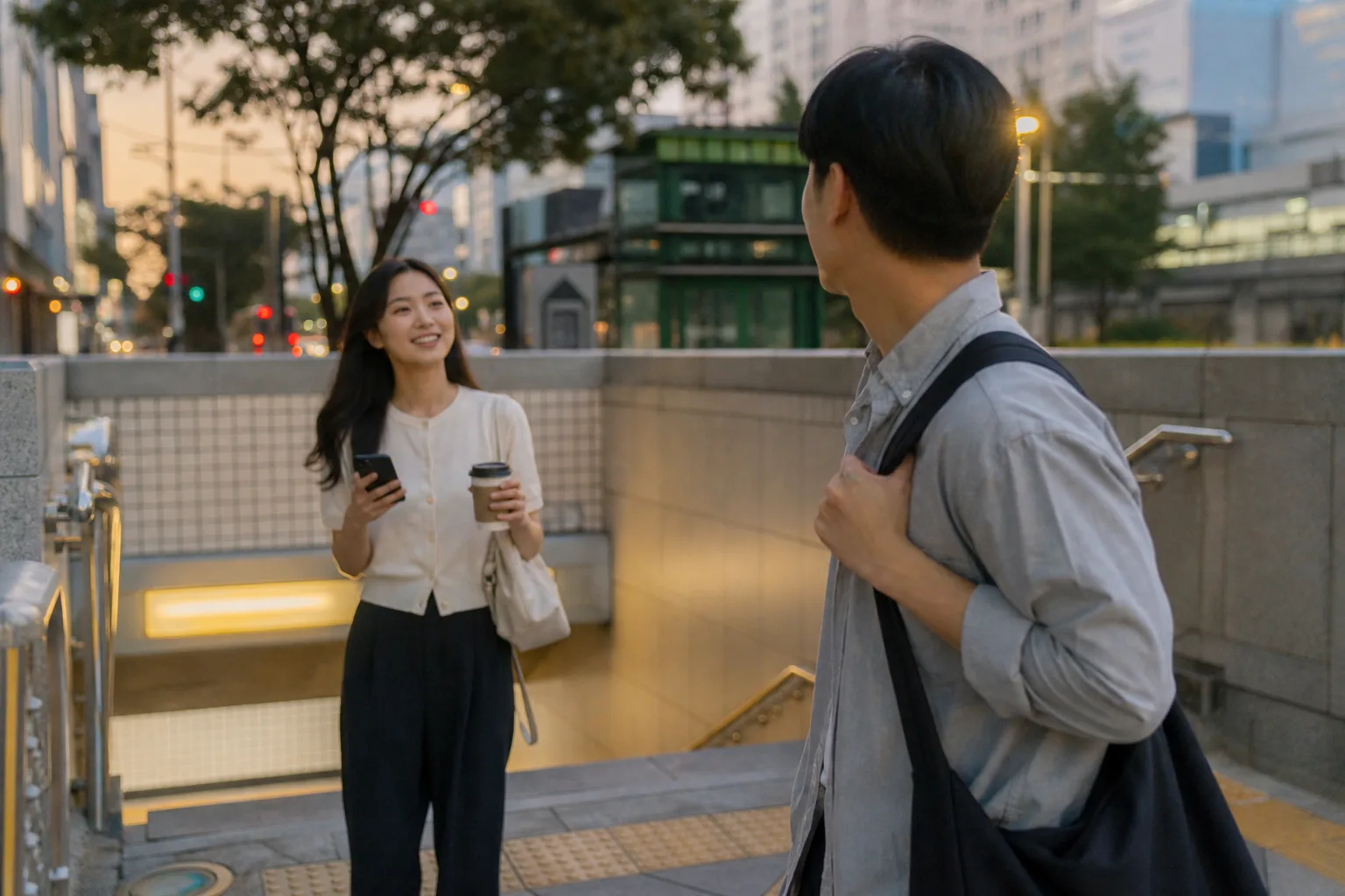 지하철역 약속 장소에 함께 도착해 다음 만남을 번갈아 계획하는 연인의 모습