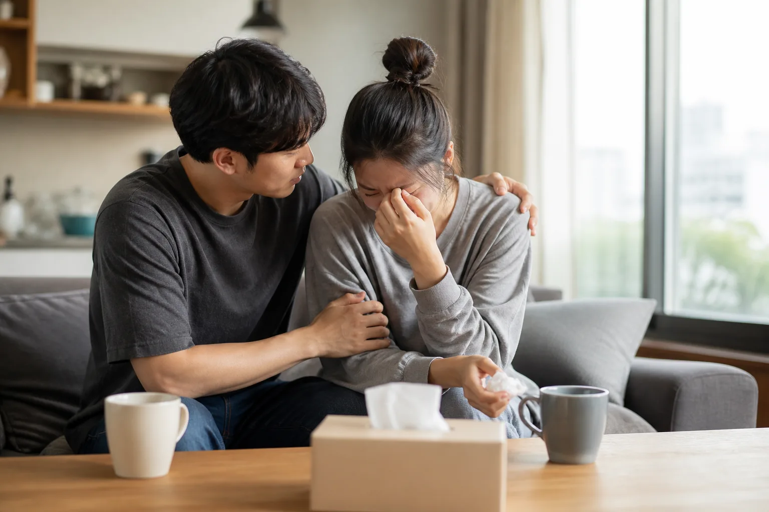 힘든 일을 애인에게 다 말하고 싶을 때 상황을 일상 공간에서 차분히 마주하는 한국 성인들의 자연스러운 모습