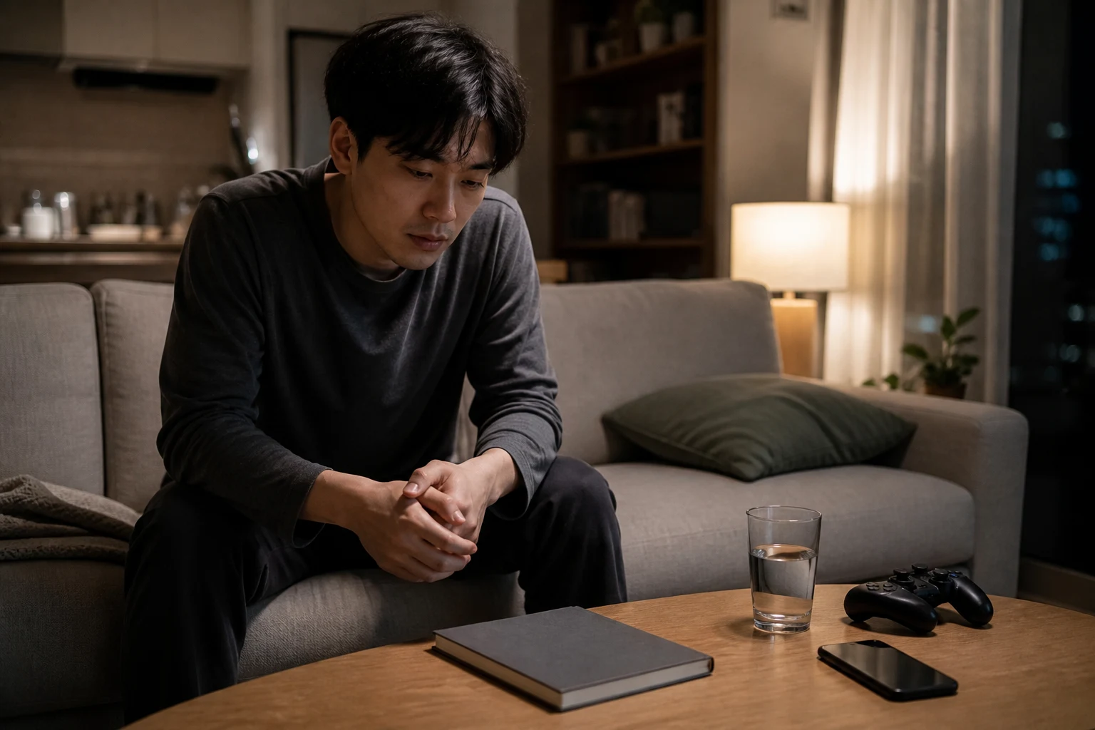 다툼 뒤 게임기와 휴대전화를 내려놓고 감정을 마주하려 메모를 보는 사람의 모습
