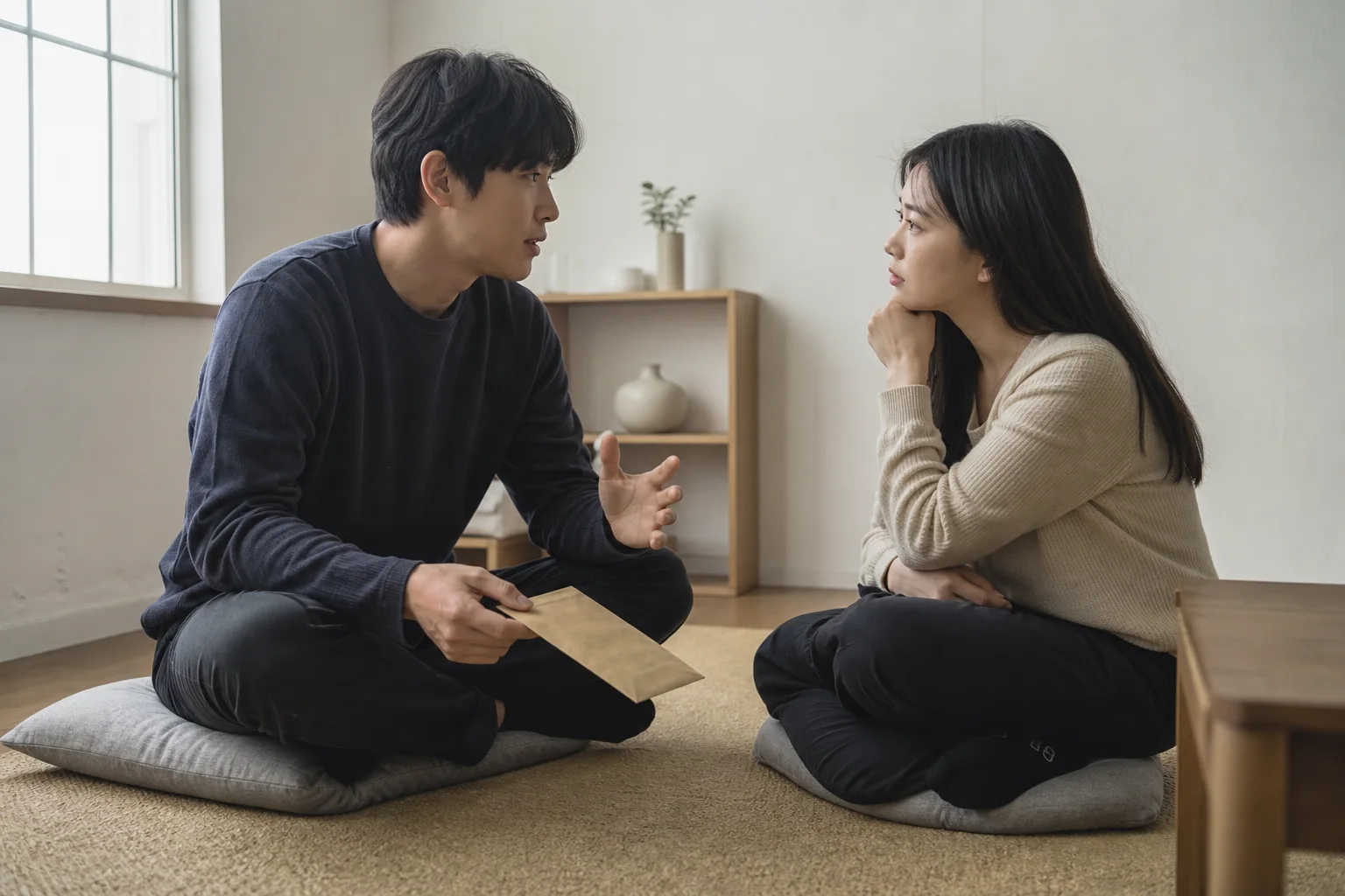 현재 다툼과 오래된 상처를 구분하려 사진 봉투를 내려놓고 대화하는 연인의 모습