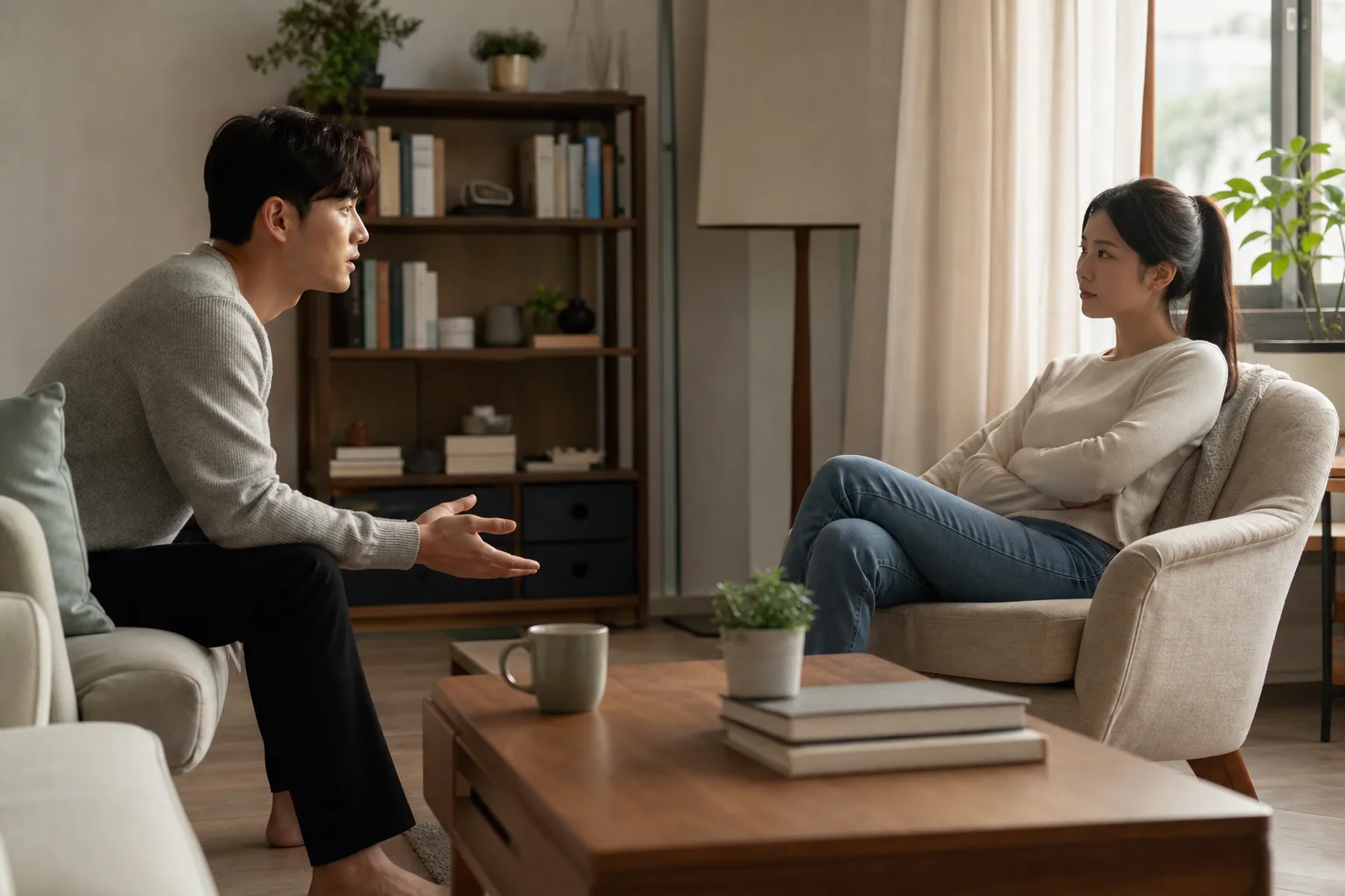 거실에서 다가가려는 사람과 조용해진 사람이 서로의 속도를 확인하는 연인의 모습