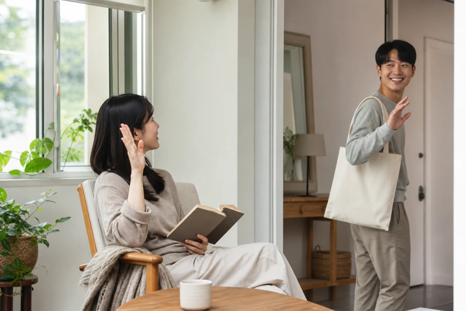 주말 아침 한 사람은 조용히 책을 읽고 다른 사람은 자기 외출을 준비하며 혼자 시간을 존중하는 연인