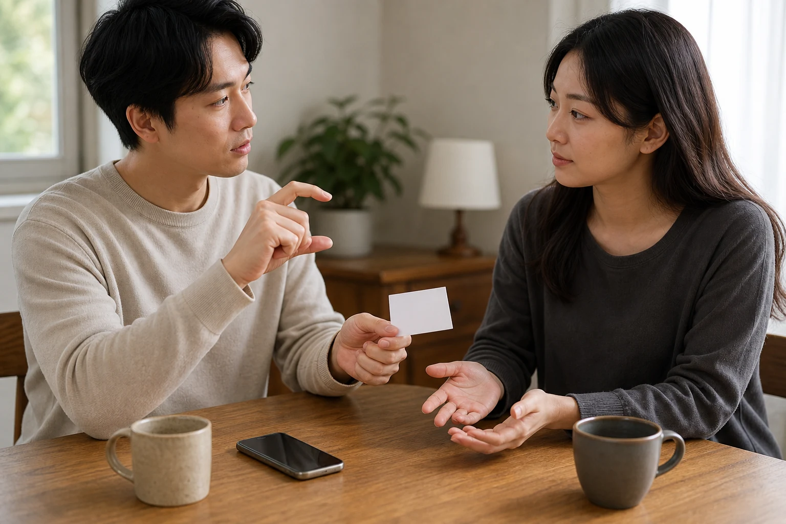 갑작스러운 전화 대신 미리 정한 짧은 통화와 문자 방식을 상대에게 차분히 설명하는 두 사람