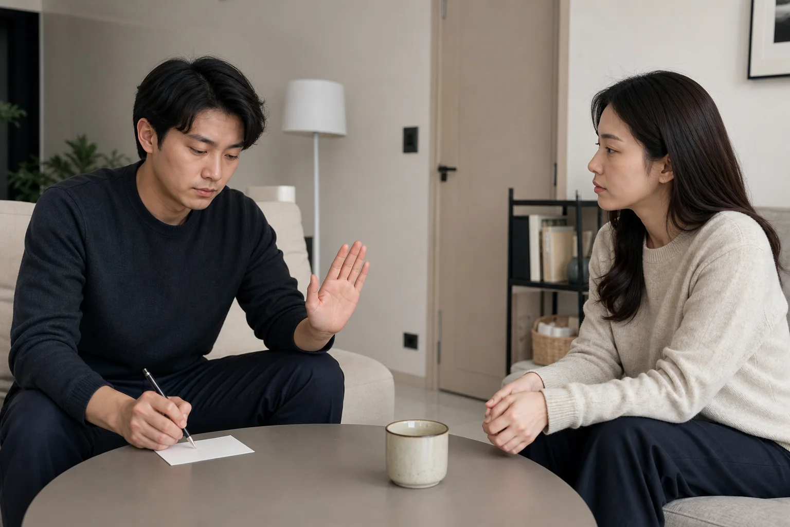 당장 말하라는 압박 대신 잠시 멈추자는 손짓과 복귀 시간을 나누는 연인의 모습