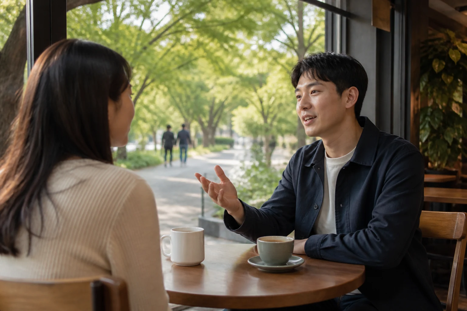 질문을 이어 붙이는 대신 자신의 산책 이야기를 먼저 꺼내며 편하게 대화하는 두 사람