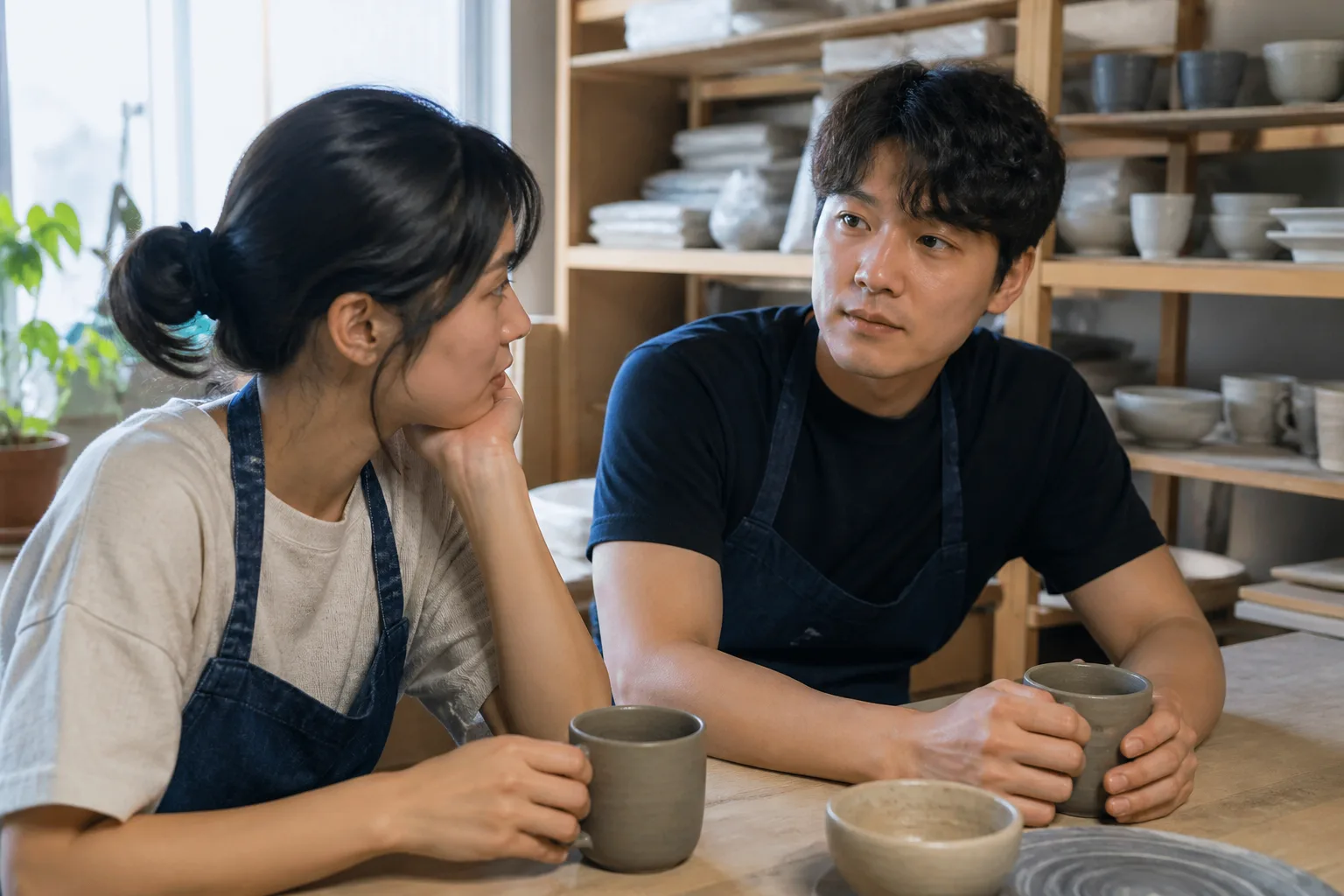요즘 우리 괜찮은지 새삼 묻기가 어색할 때 상황에서 집이나 카페에 마주 앉아 표정과 손짓으로 솔직하게 대화하는 한국 성인 두 사람