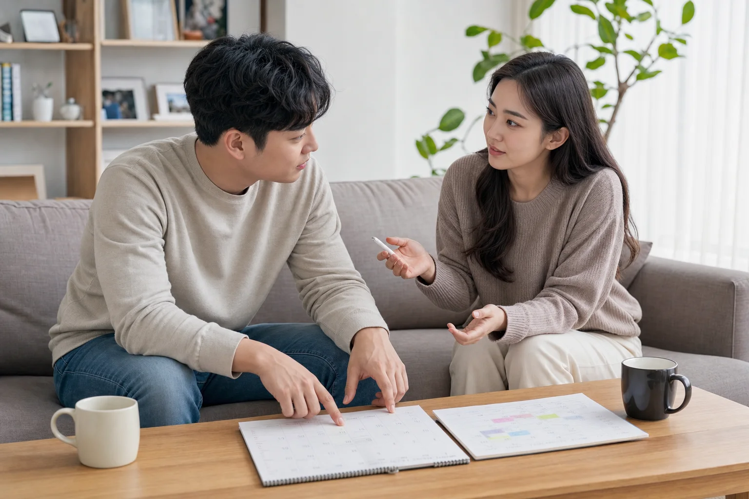 서로 다른 주말 계획을 펼쳐 놓고 거절 대신 가능한 대안을 찾는 연인의 모습