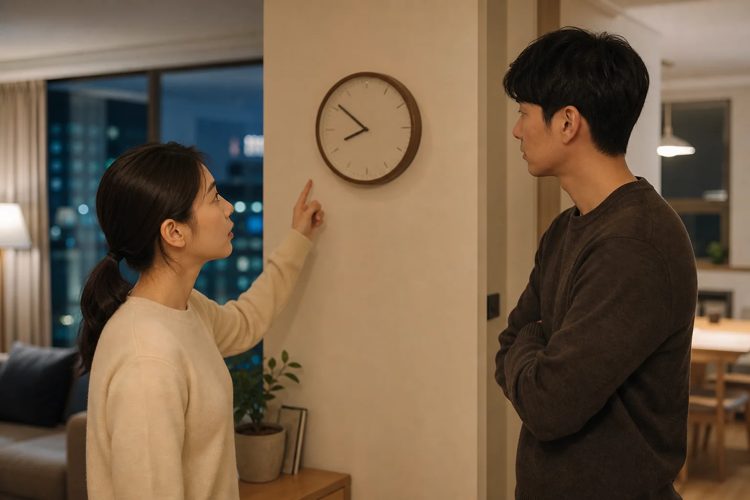 벽시계를 확인하고 지금 어려운 대화를 시작해도 괜찮은지 묻는 연인의 모습