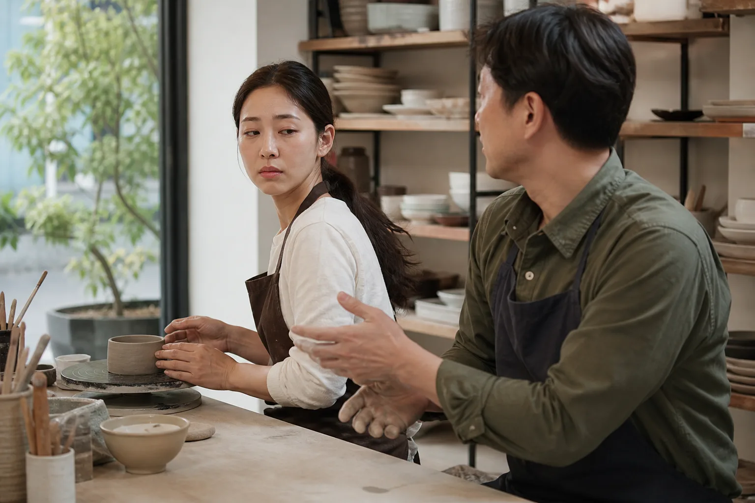 데이트 중 불편한데 어떻게 끝내야 할지 모를 때 상황에서 집이나 카페에 마주 앉아 표정과 손짓으로 솔직하게 대화하는 한국 성인 두 사람