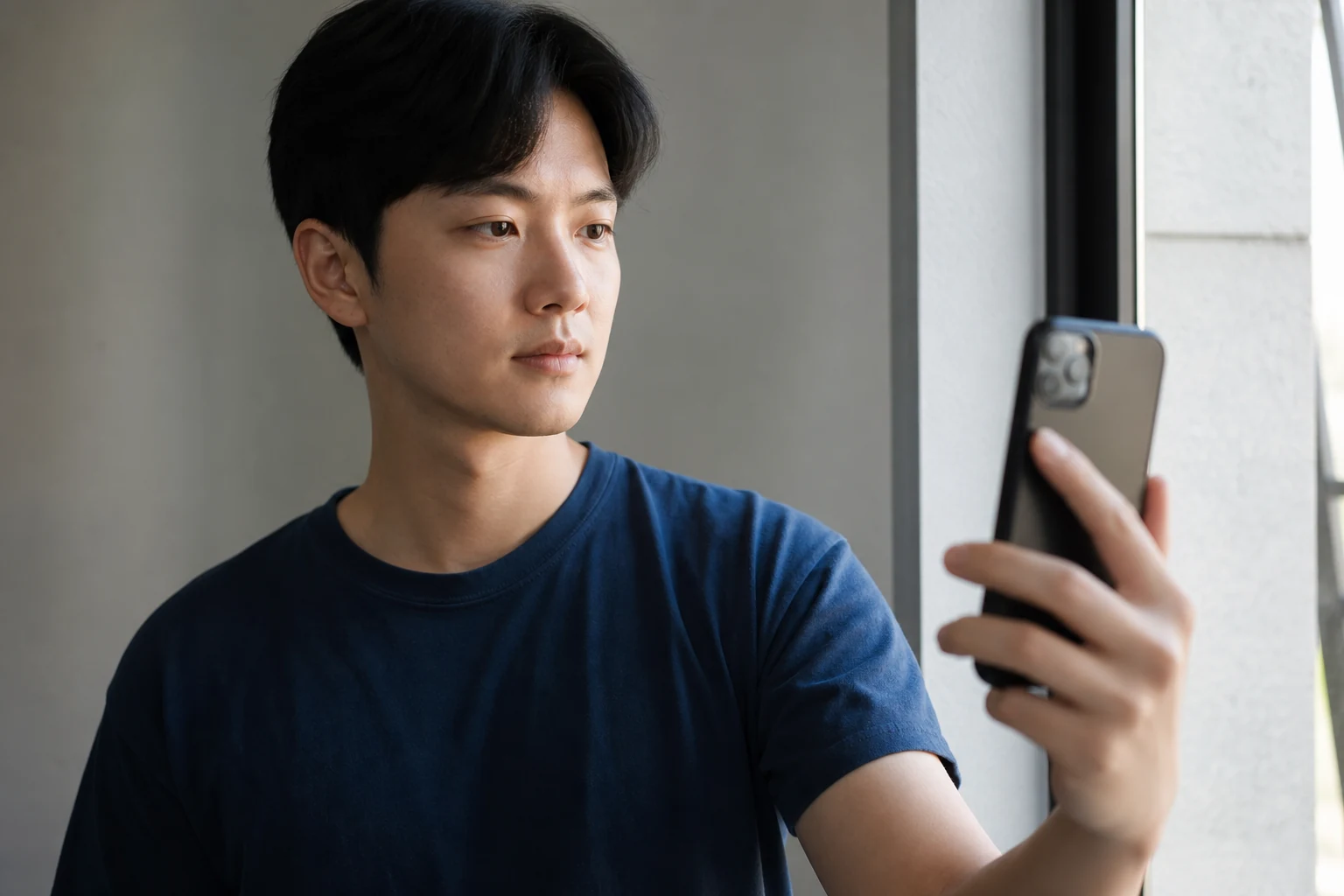 同じ光の下で2枚の服を比べながら自撮りをしている様子