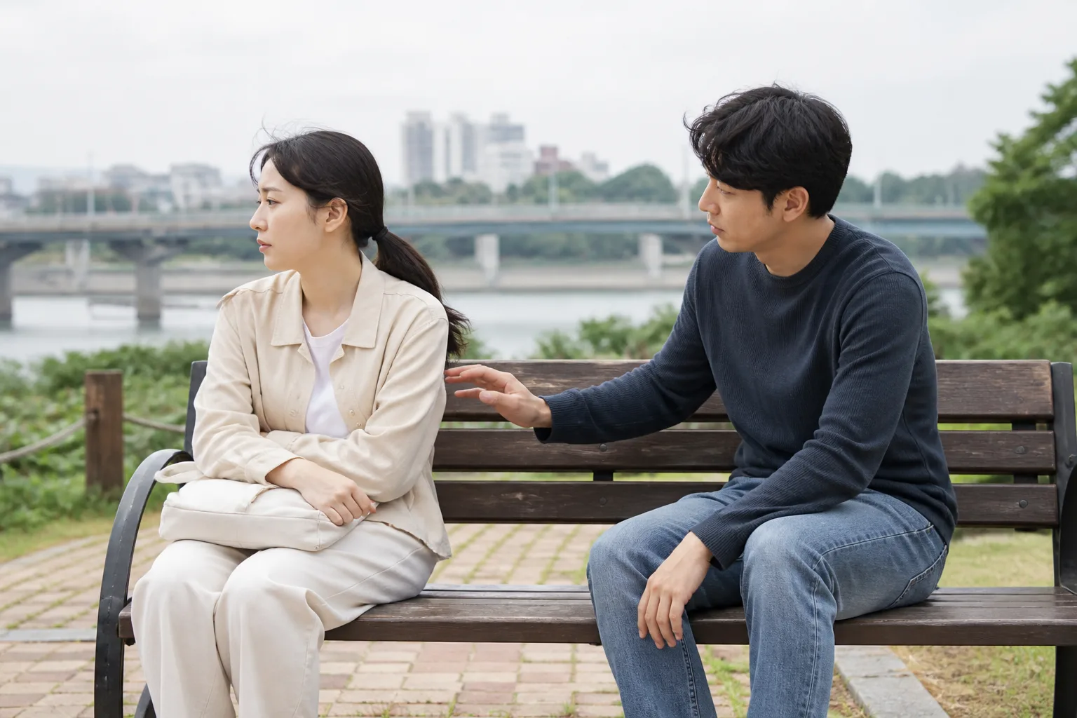 몸이 가까워지는 속도, 나만 다른 것 같을 때 상황에서 집이나 카페에 마주 앉아 표정과 손짓으로 솔직하게 대화하는 한국 성인 두 사람