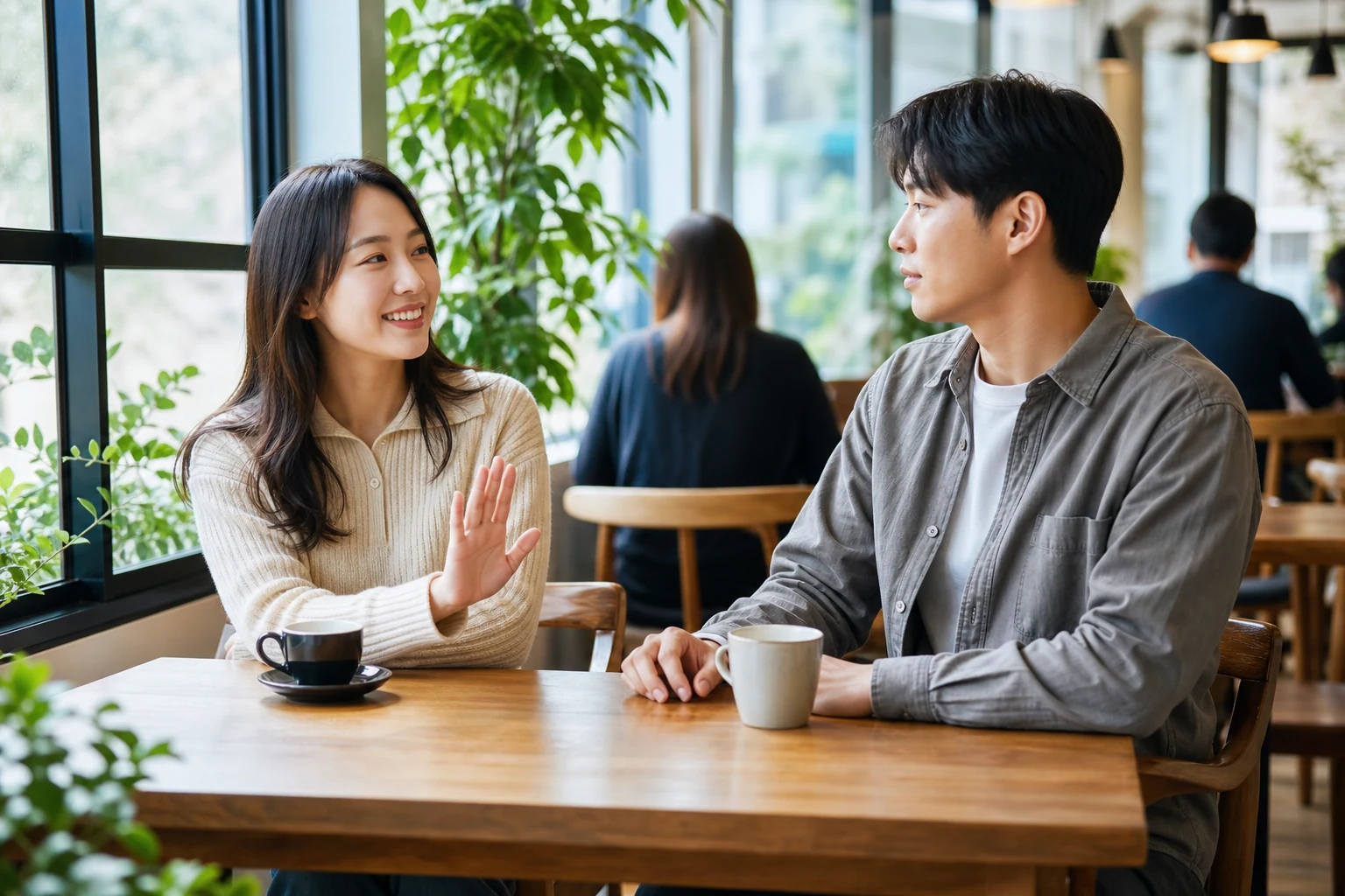 웃으며 대화하더라도 열린 손으로 선을 보이고 상대가 손을 뻗지 않은 채 멈추는 두 사람