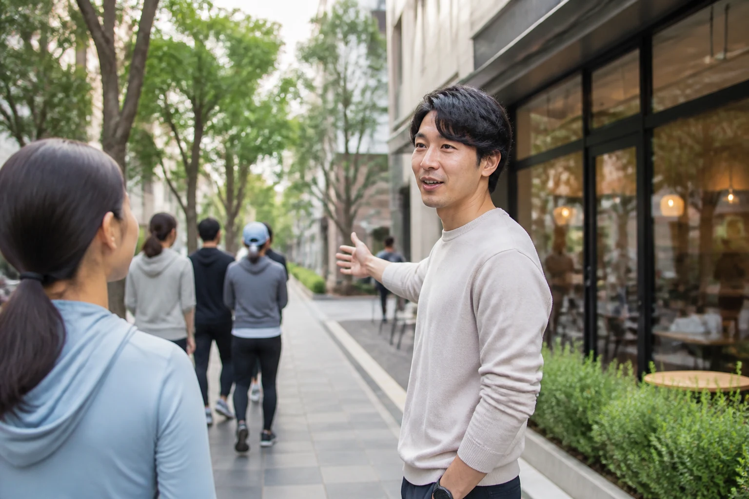静かな店で、短いコーヒーの誘いをする二人