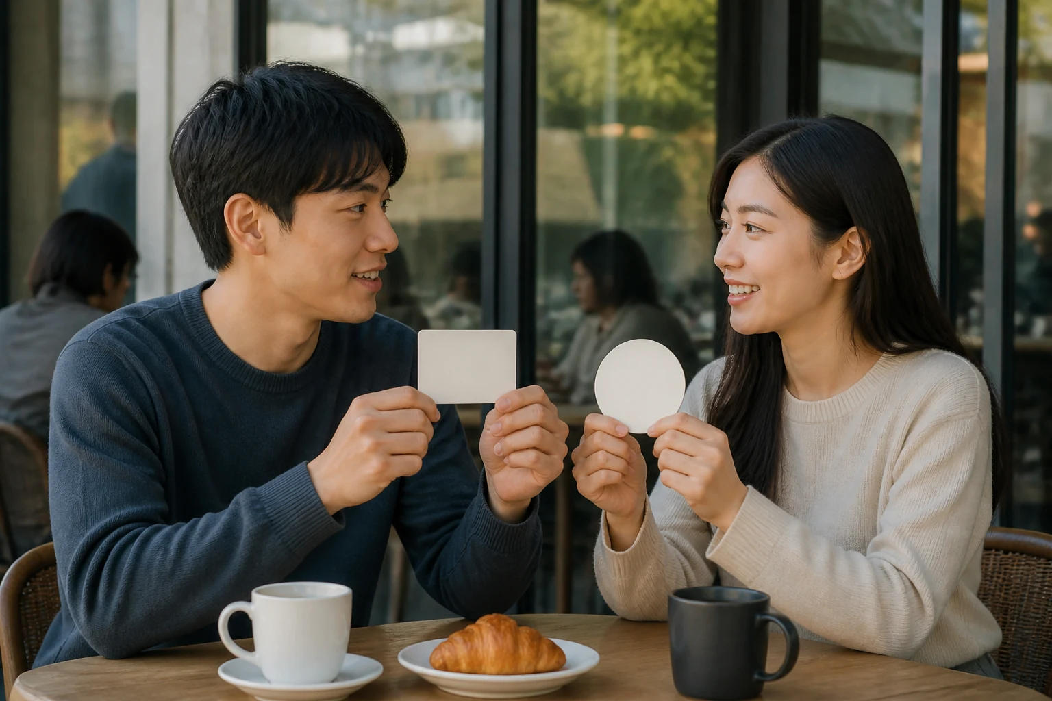 공통 관심사에서 다음 낮 만남으로 이어갈 빈 조각을 함께 들어 보이는 두 사람