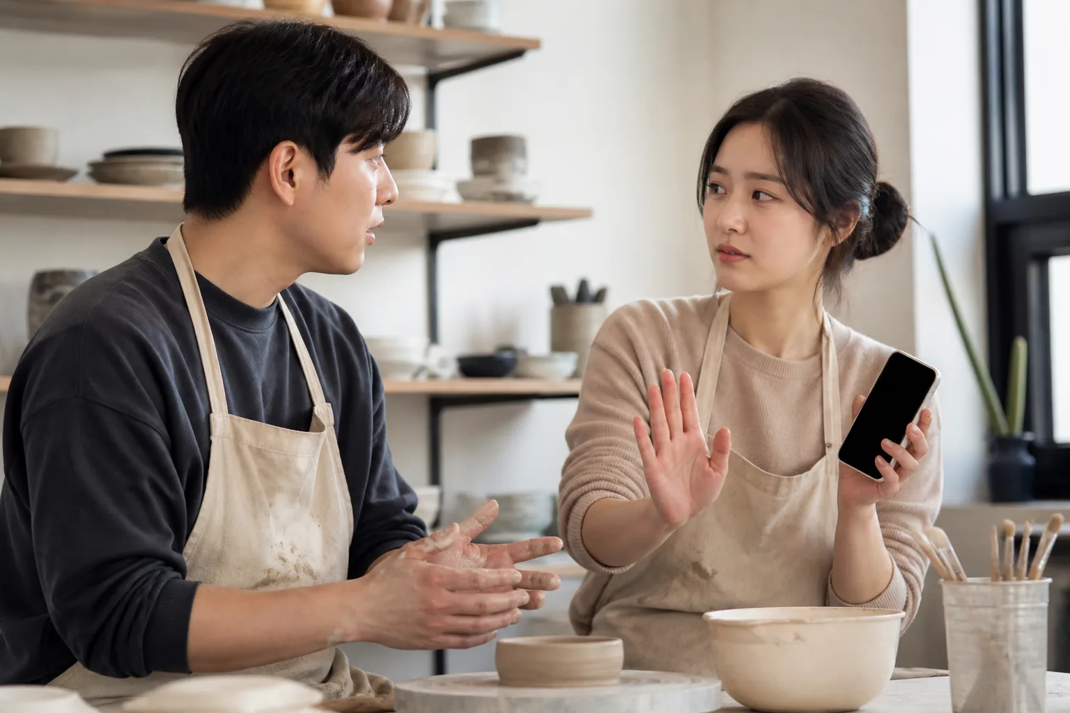 음성 메시지가 부담스럽게 느껴질 때 상황을 일상 공간에서 차분히 마주하는 한국 성인들의 자연스러운 모습