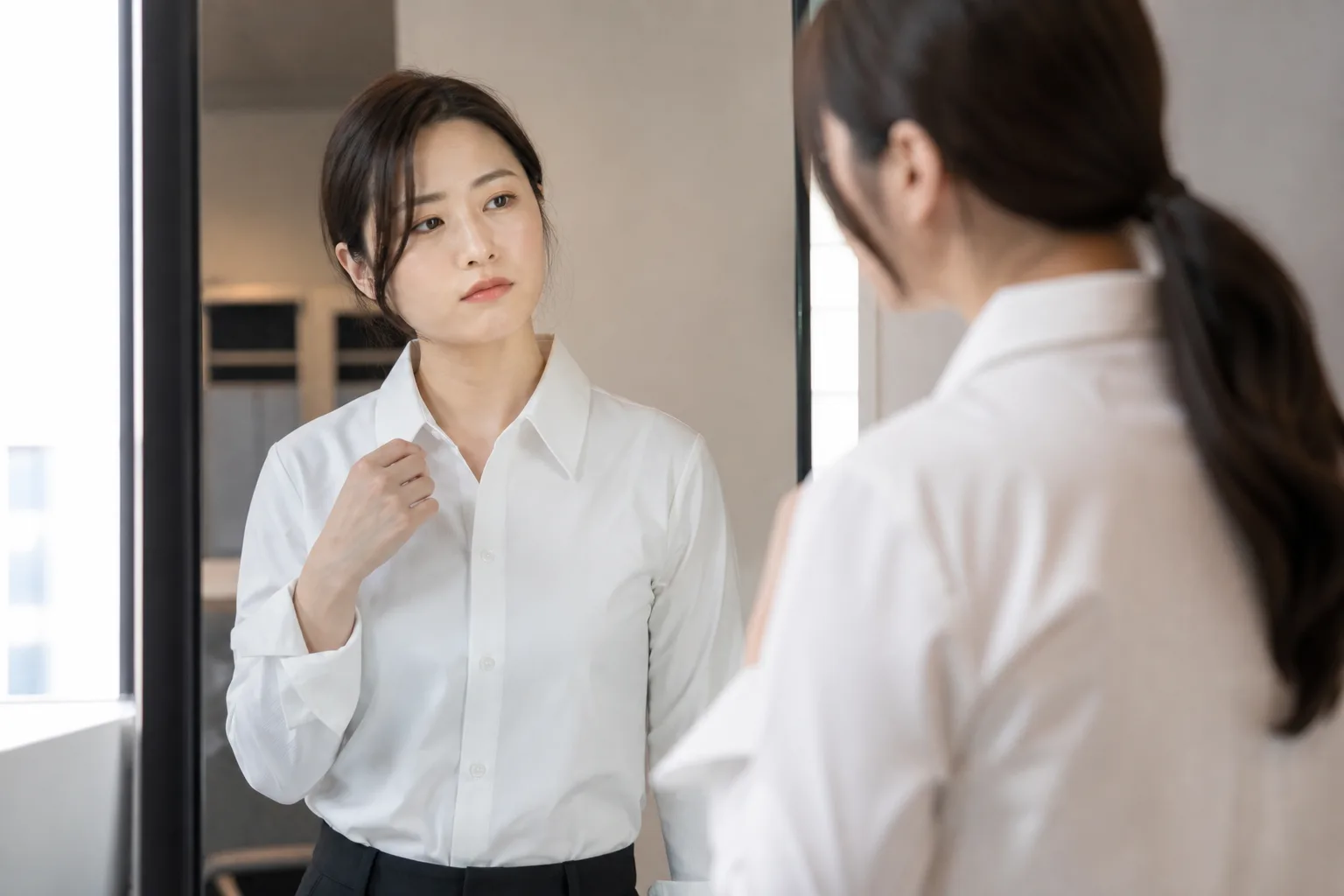 흰 셔츠가 깨끗해 보이지 않고 떠 보일 때 상황을 일상 공간에서 차분히 마주하는 한국 성인들의 자연스러운 모습