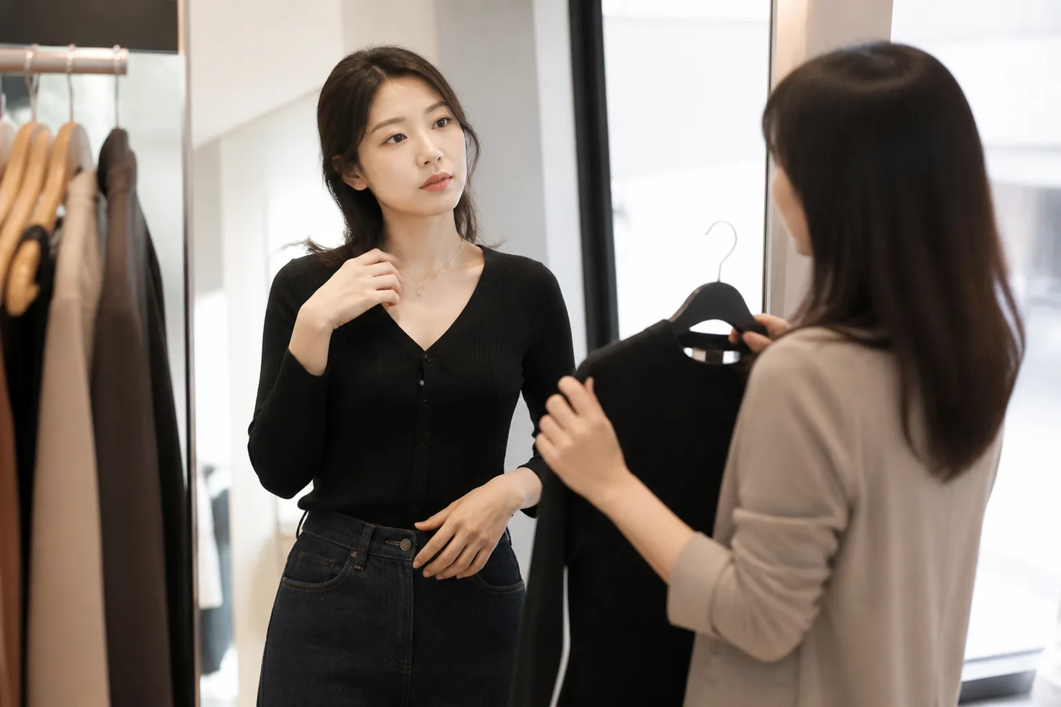검정 옷이면 누구에게나 무난할 줄 알았는데라는 고민을 옷·색상 견본이나 거울 앞에서 직접 살펴보는 한국 성인의 자연스러운 모습