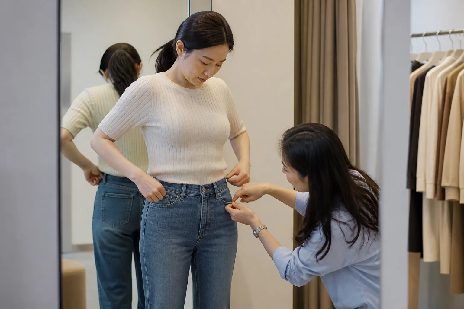 試着した服の肩や腰の当たり方を確認している様子