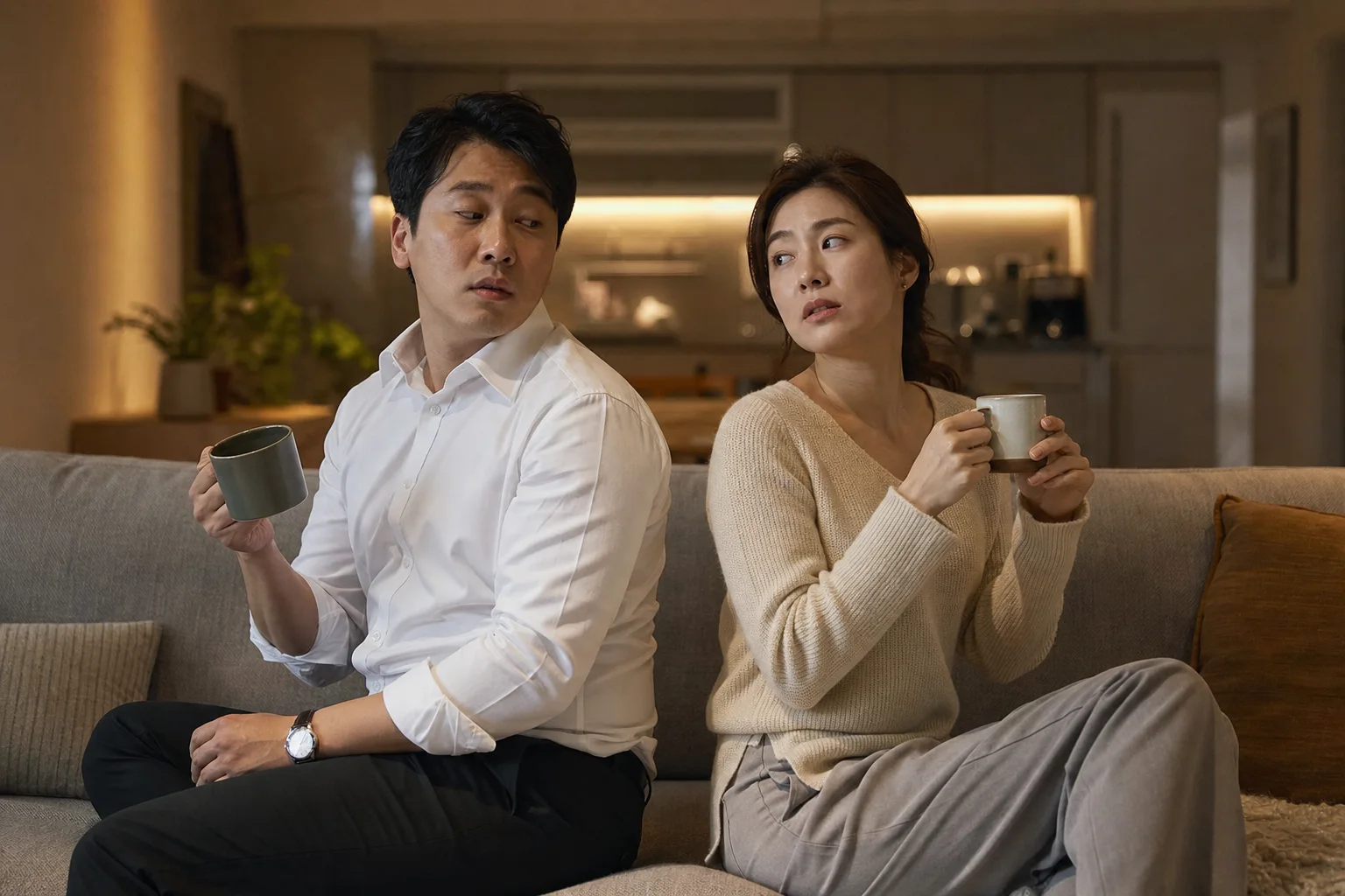 거실에서 둘 다 지친 상태를 인정하고 번갈아 기대어 대화하는 연인의 모습