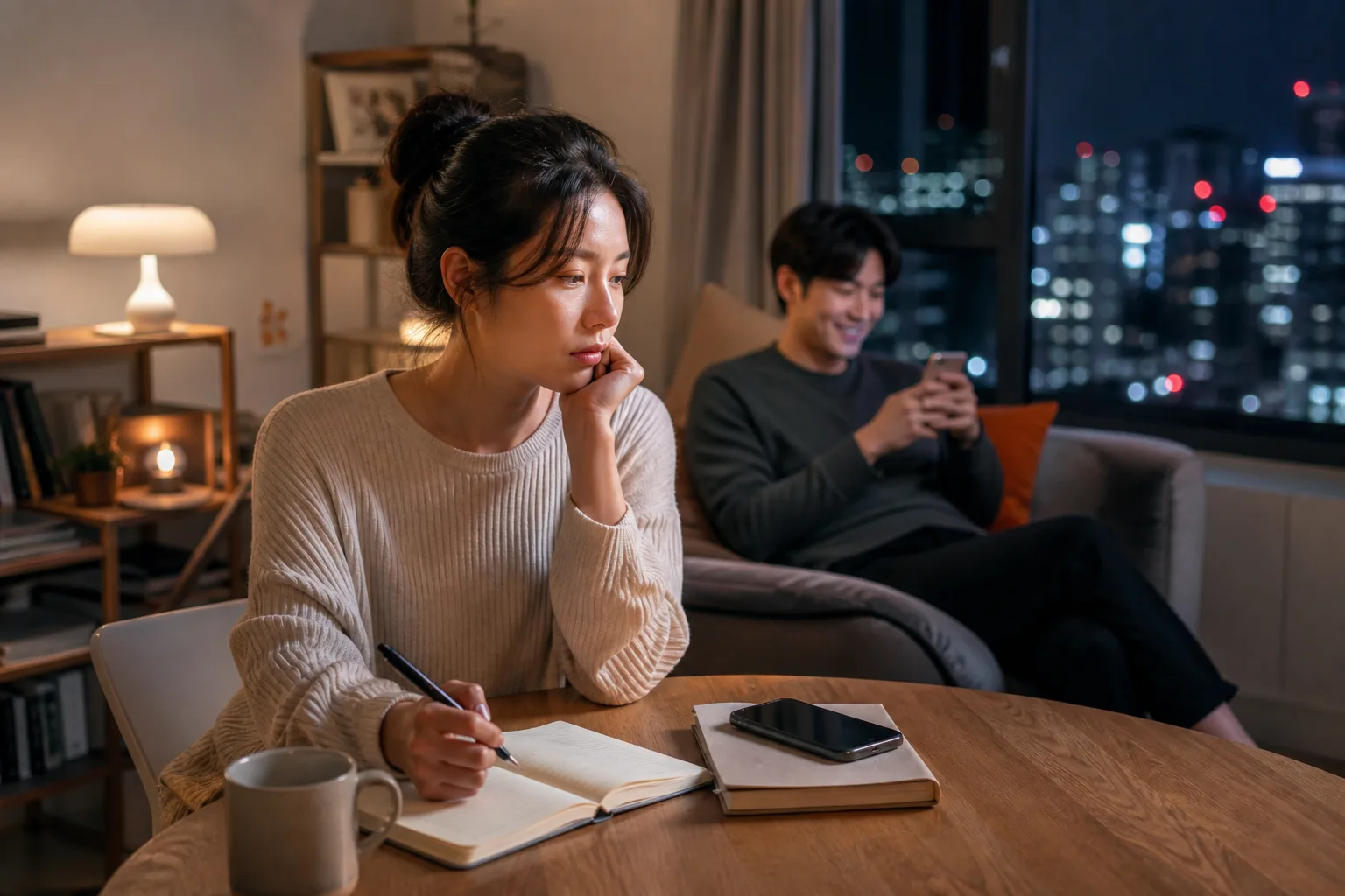 밤에만 다정해지는 사람 앞에서 헷갈릴 때 상황을 일상 공간에서 실제 행동과 표정으로 마주하는 한국 성인의 자연스러운 모습