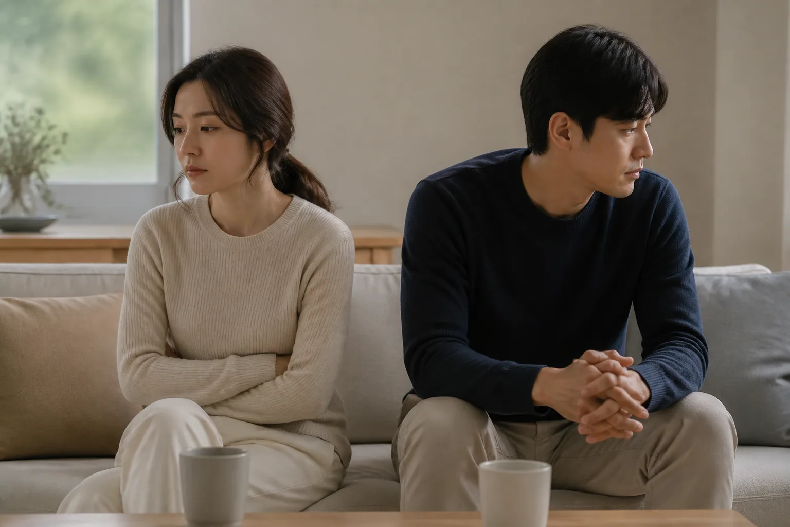 봄·여름·가을·겨울 어디에도 딱 맞지 않을 때 상황에서 집·카페·직장 같은 일상 공간에서 표정과 손짓으로 마음을 나누는 한국 성인들의 자연스러운 모습
