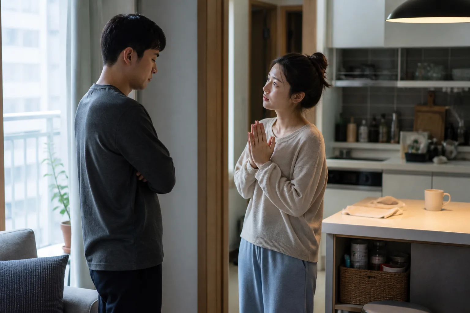화가 났는데 먼저 미안하다고 말하게 될 때 상황을 일상 공간에서 실제 행동과 표정으로 마주하는 한국 성인의 자연스러운 모습