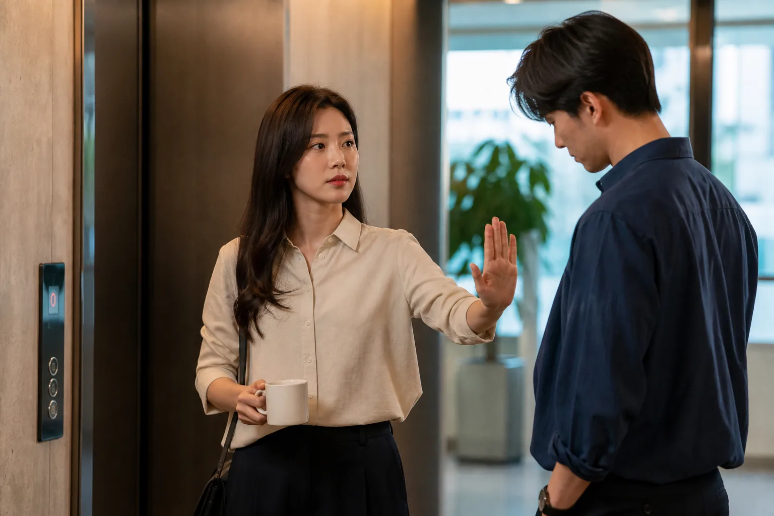 그 사람 표정이 어두워지니까, 방금 한 거절을 물러야 하나 상황을 일상 공간에서 차분히 마주하는 한국 성인들의 자연스러운 모습