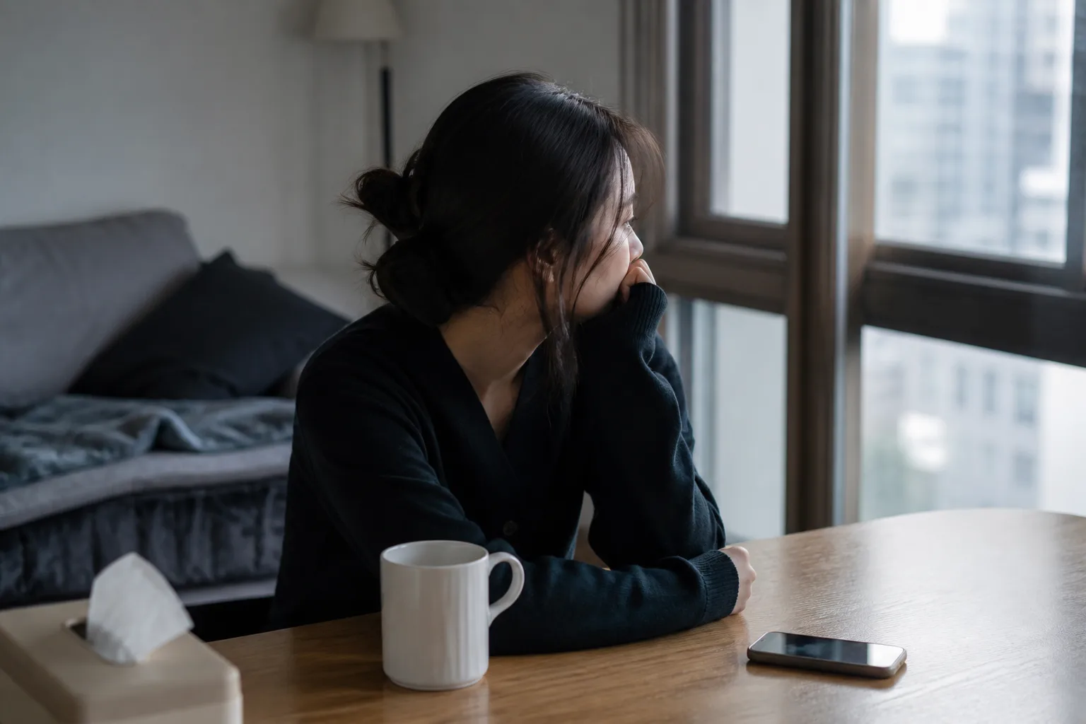 A woman sitting quietly after an undefined relationship ends