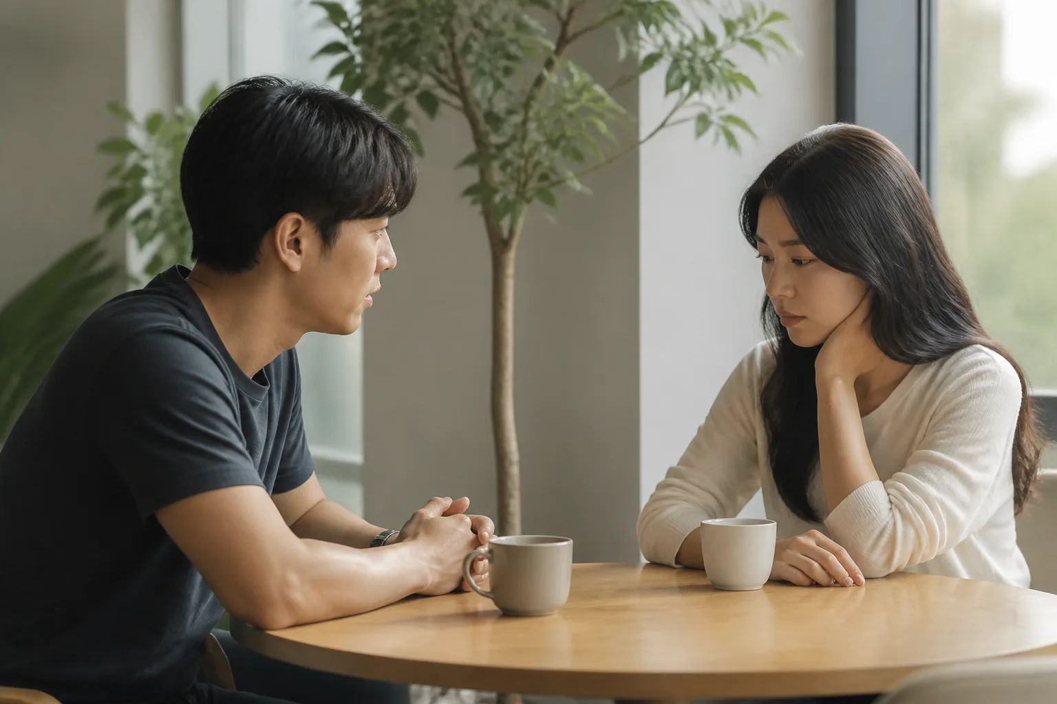 A woman having a calm breakup conversation in a public place