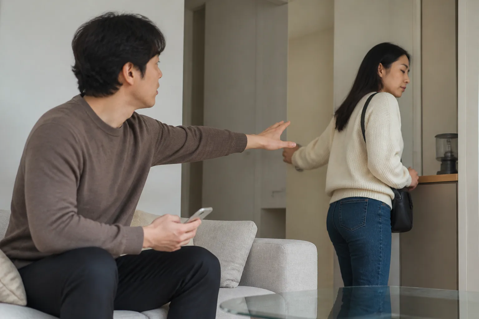 상대가 질투할수록 나를 더 좋아하는 것 같을 때 상황에서 집이나 카페에 마주 앉아 표정과 손짓으로 솔직하게 대화하는 한국 성인 두 사람
