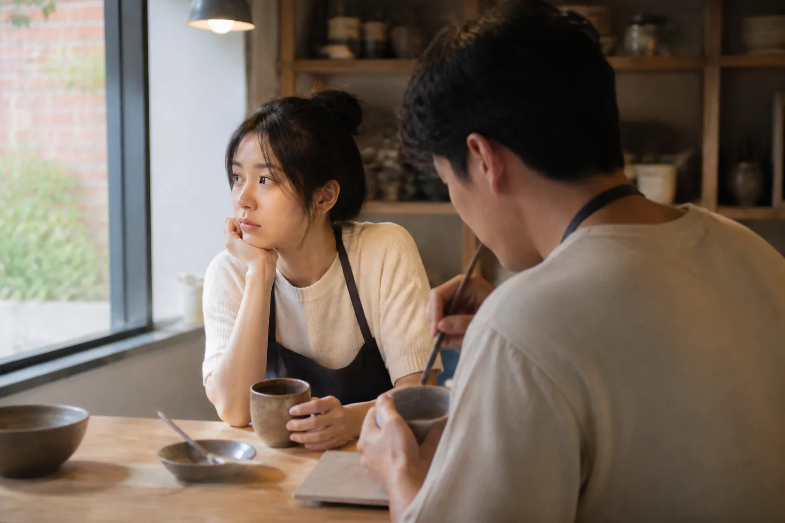 너무 설레서 다른 건 안 보일 때 상황을 일상 공간에서 실제 행동과 표정으로 마주하는 한국 성인의 자연스러운 모습