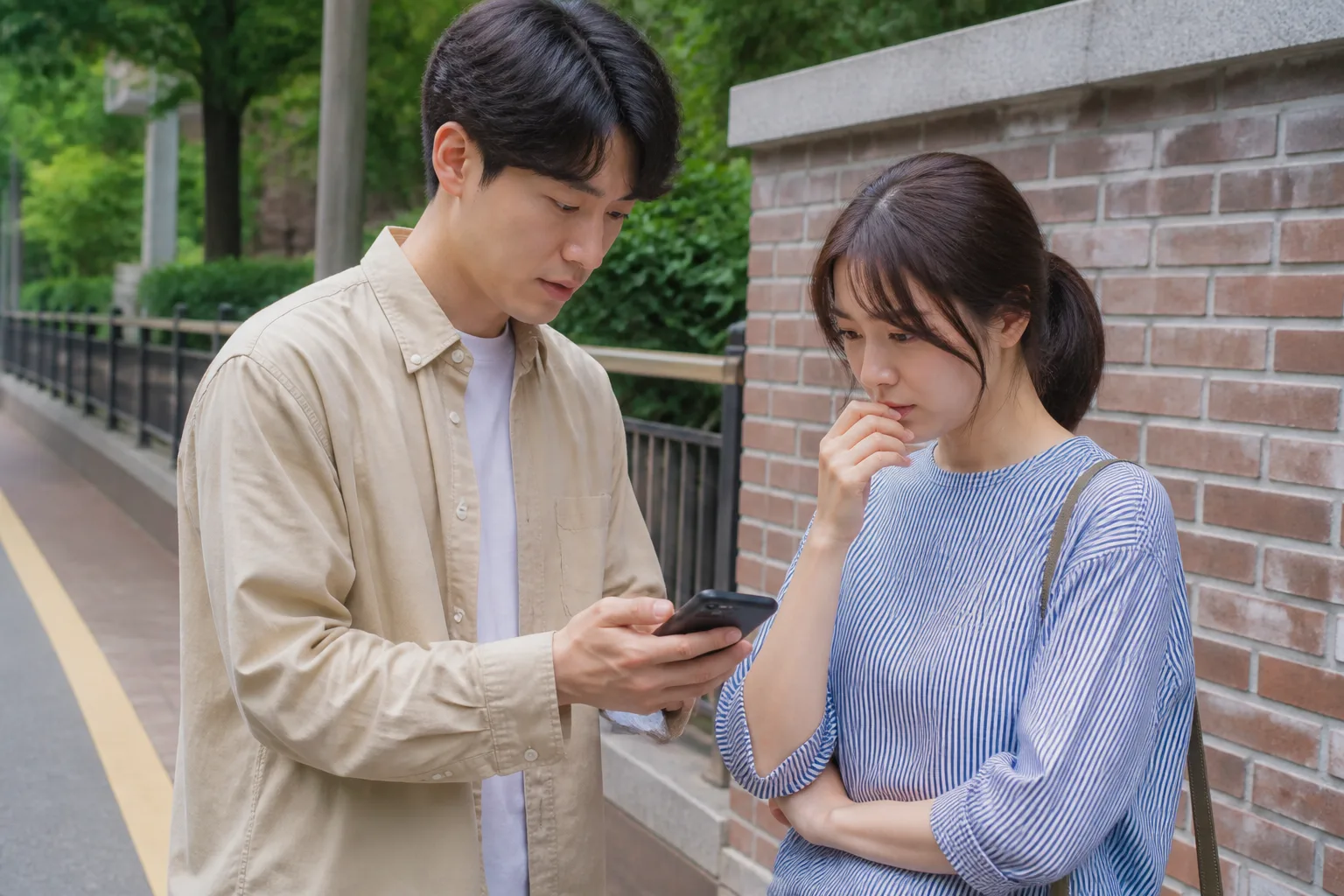 初デートの場所を人目のある場所で確認する女性