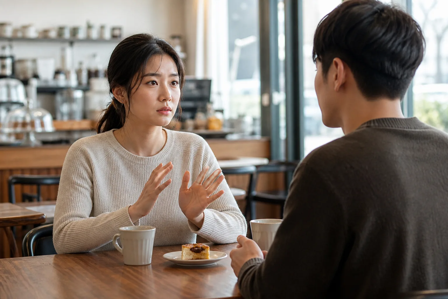 조심하고 싶은데 유난 떠는 것처럼 보일까 봐 걱정될 때 상황에서 집이나 카페에 마주 앉아 표정과 손짓으로 솔직하게 대화하는 한국 성인 두 사람
