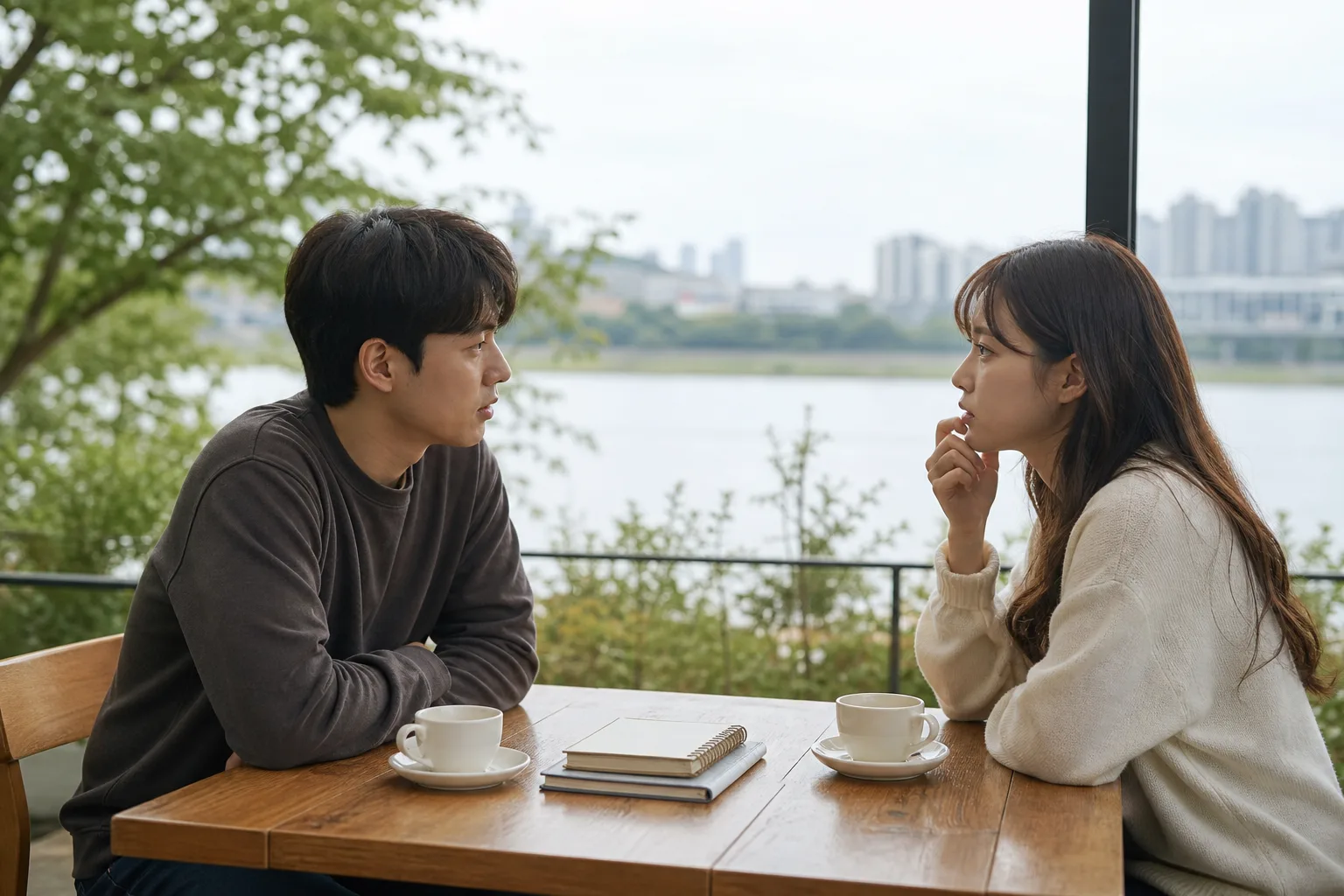 카페에서 서로 다른 관계 진도를 일정표 없이 말로 조율하는 연인의 모습