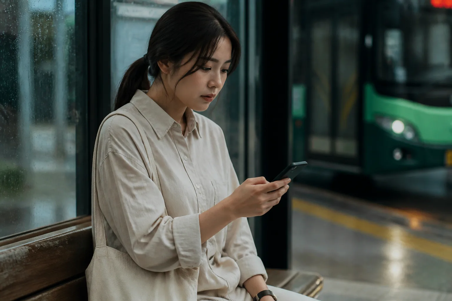 카톡을 어떻게 끝내야 할지 몰라 계속 붙잡고 있을 때 상황을 일상 공간에서 차분히 마주하는 한국 성인들의 자연스러운 모습