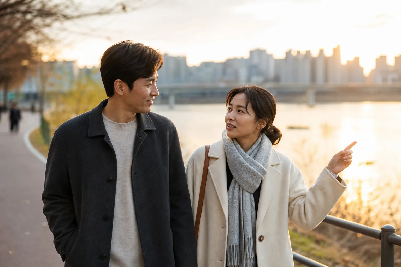 대화가 잘 통해서 더 조용한 곳으로 옮기고 싶을 때 상황을 일상 공간에서 차분히 마주하는 한국 성인들의 자연스러운 모습