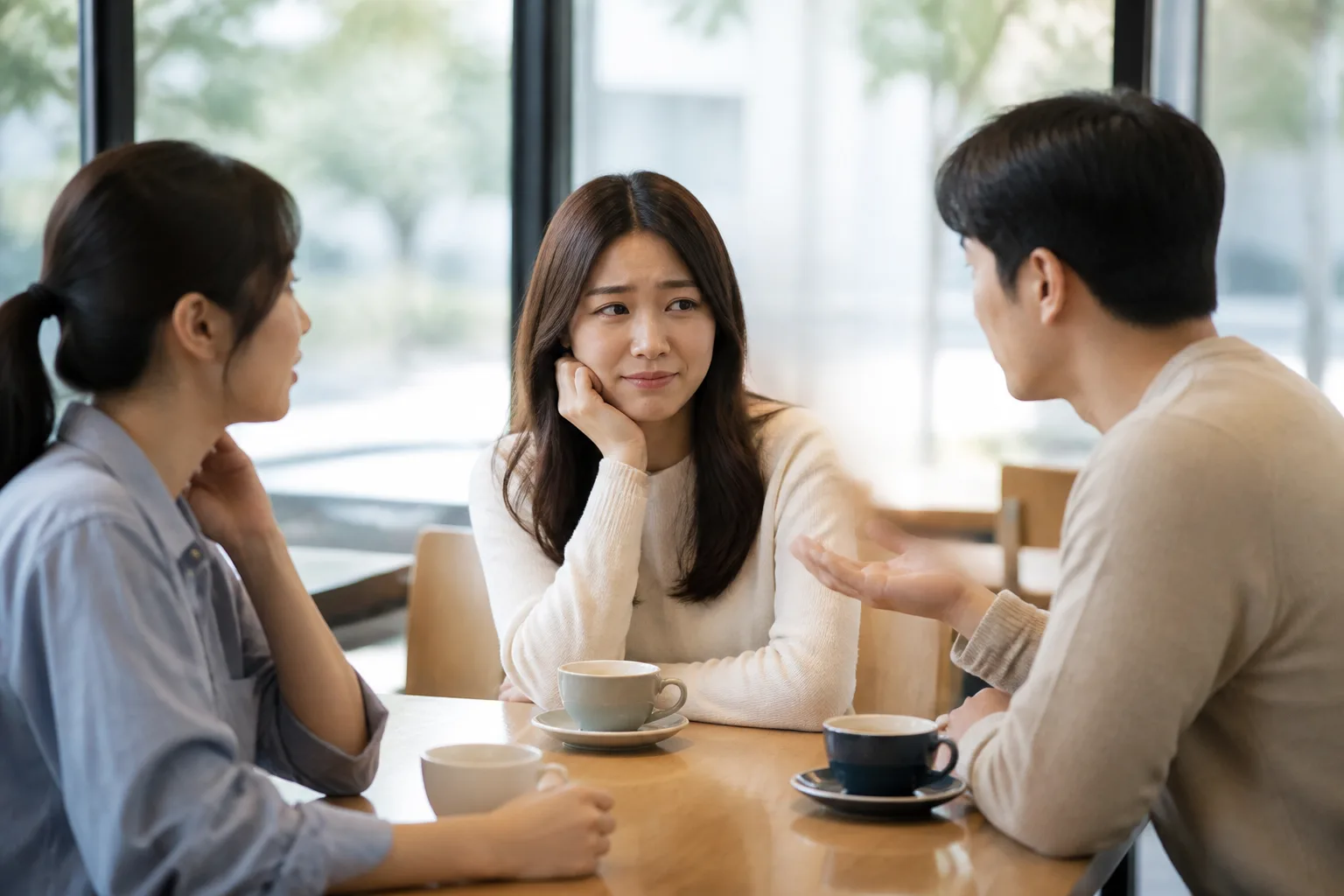 지인이 소개해준 사람이 안 맞아도 거절하기 어려울 때 상황에서 집·카페·직장 같은 일상 공간에서 표정과 손짓으로 마음을 나누는 한국 성인들의 자연스러운 모습