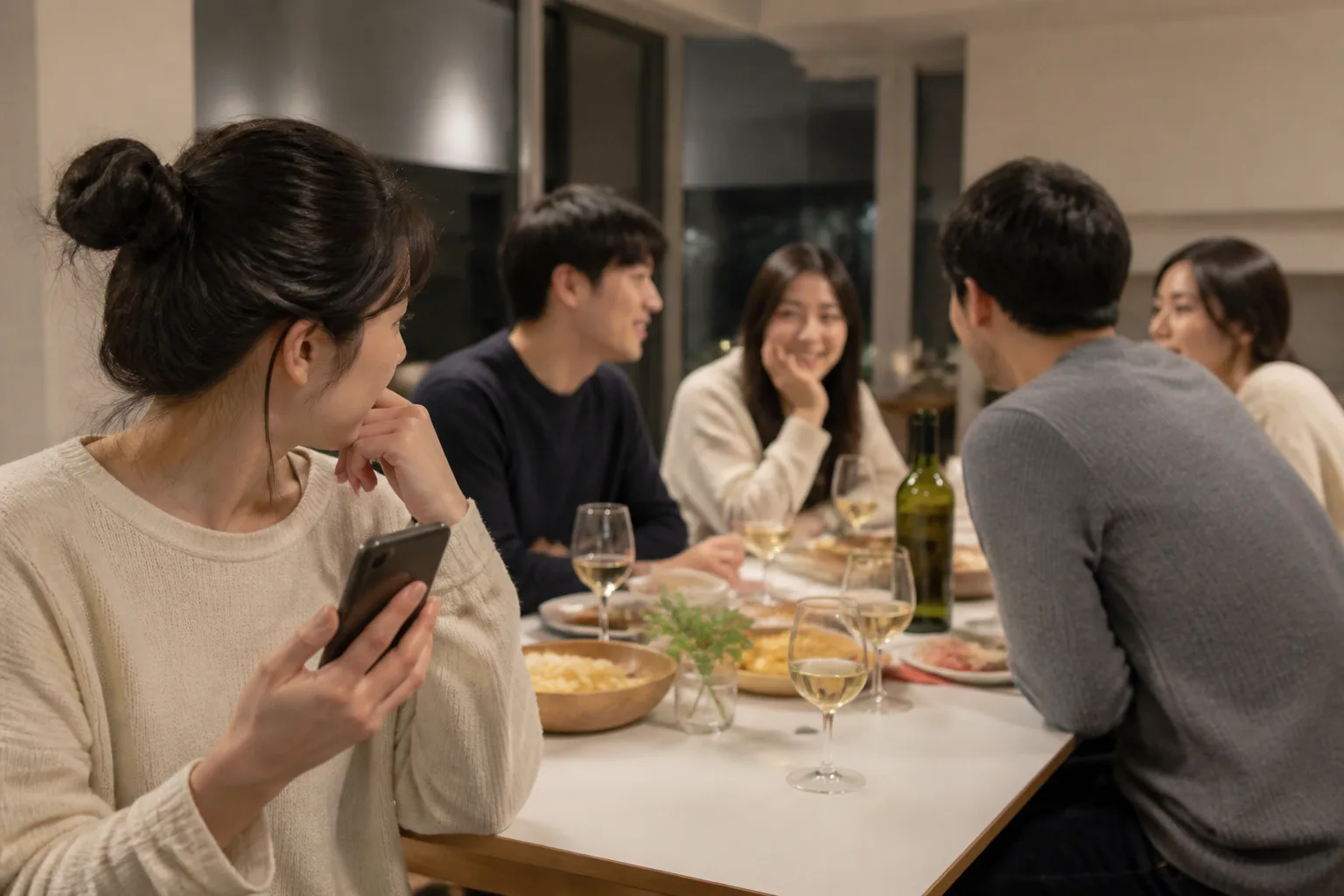 여러 명이 있던 자리에서 마음이 간 사람에게 연락하고 싶을 때 상황을 일상 공간에서 차분히 마주하는 한국 성인들의 자연스러운 모습