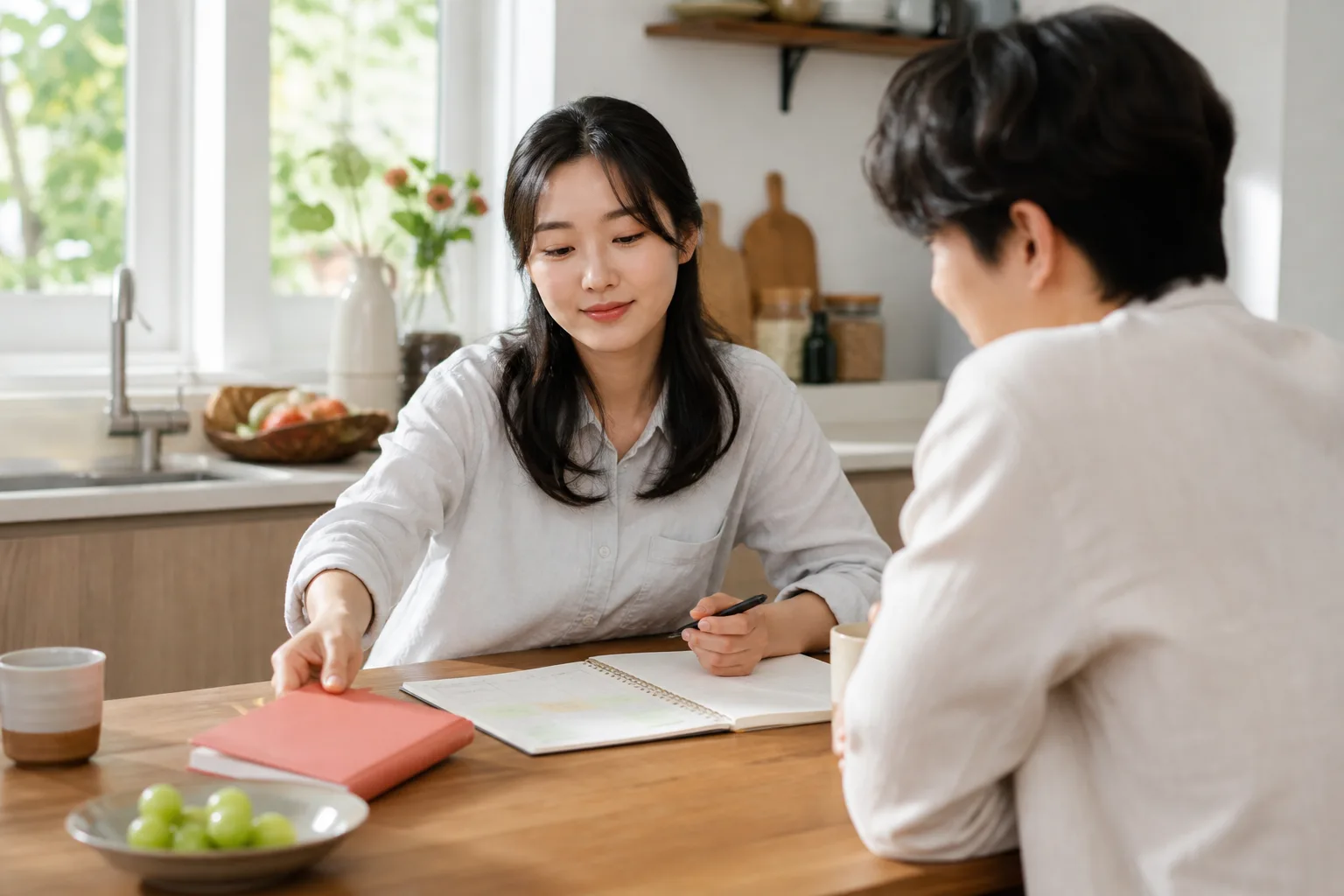 각자의 계획표를 나란히 두고 친절함 속에서도 자기 시간을 지키는 여성의 모습
