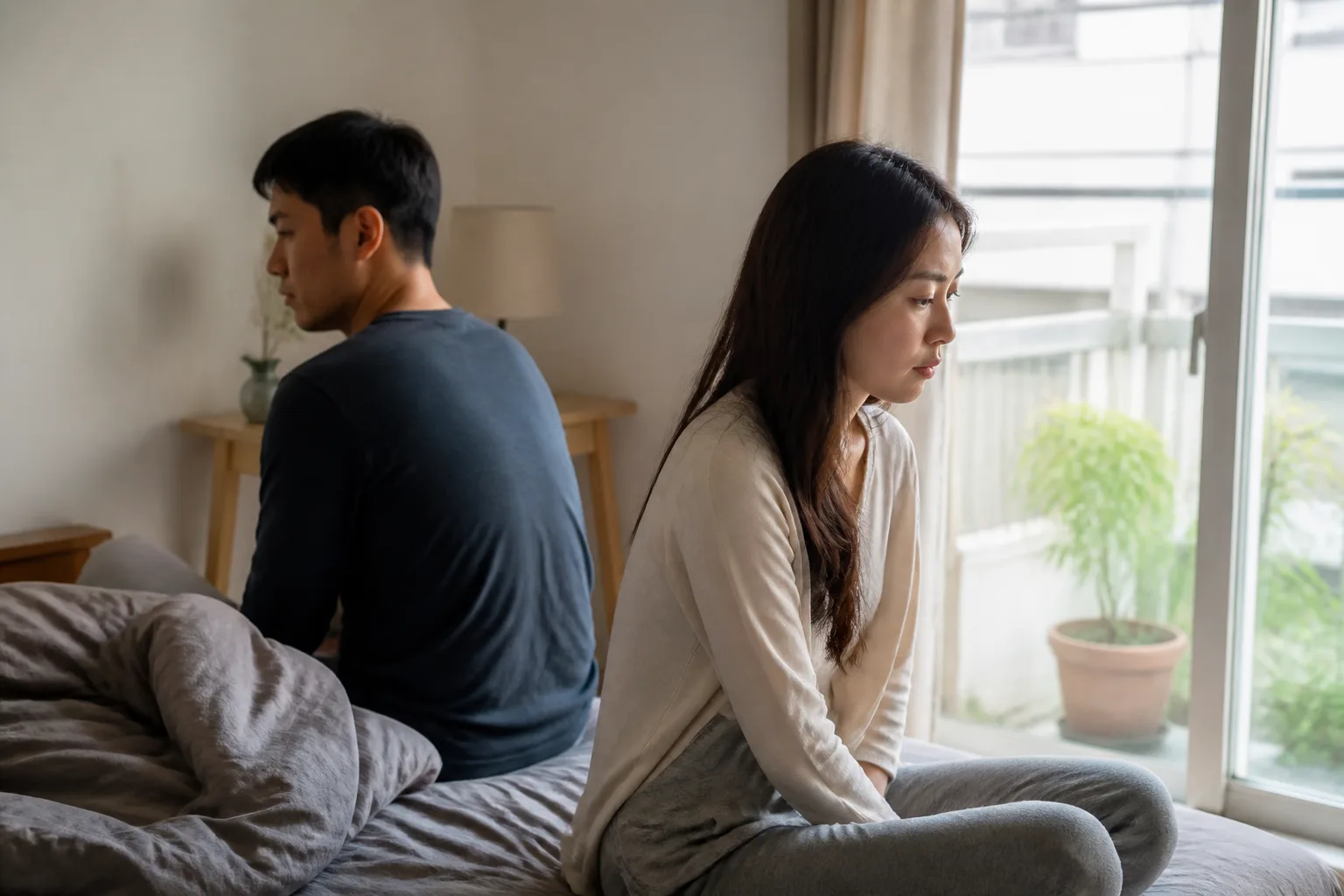 몸은 가까워졌는데 마음은 오히려 더 멀어진 것 같을 때 상황에서 집이나 카페에 마주 앉아 표정과 손짓으로 솔직하게 대화하는 한국 성인 두 사람