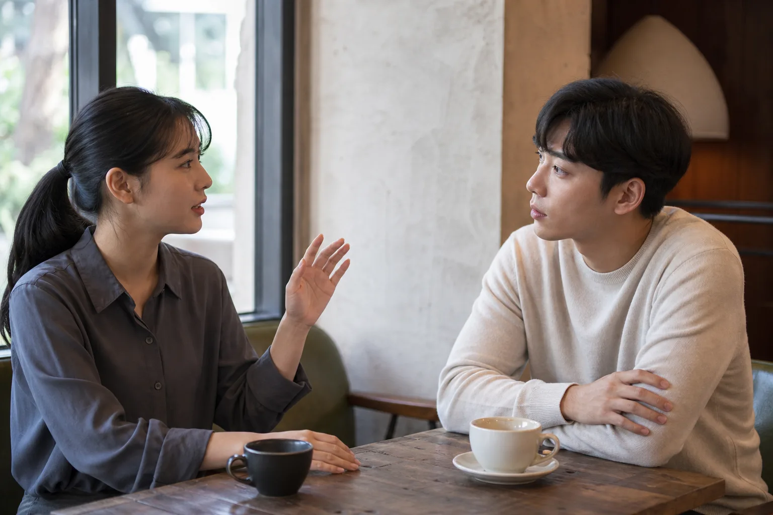 카페에서 오래 들은 뒤 손을 들어 자신의 말할 차례도 요청하는 여성의 모습