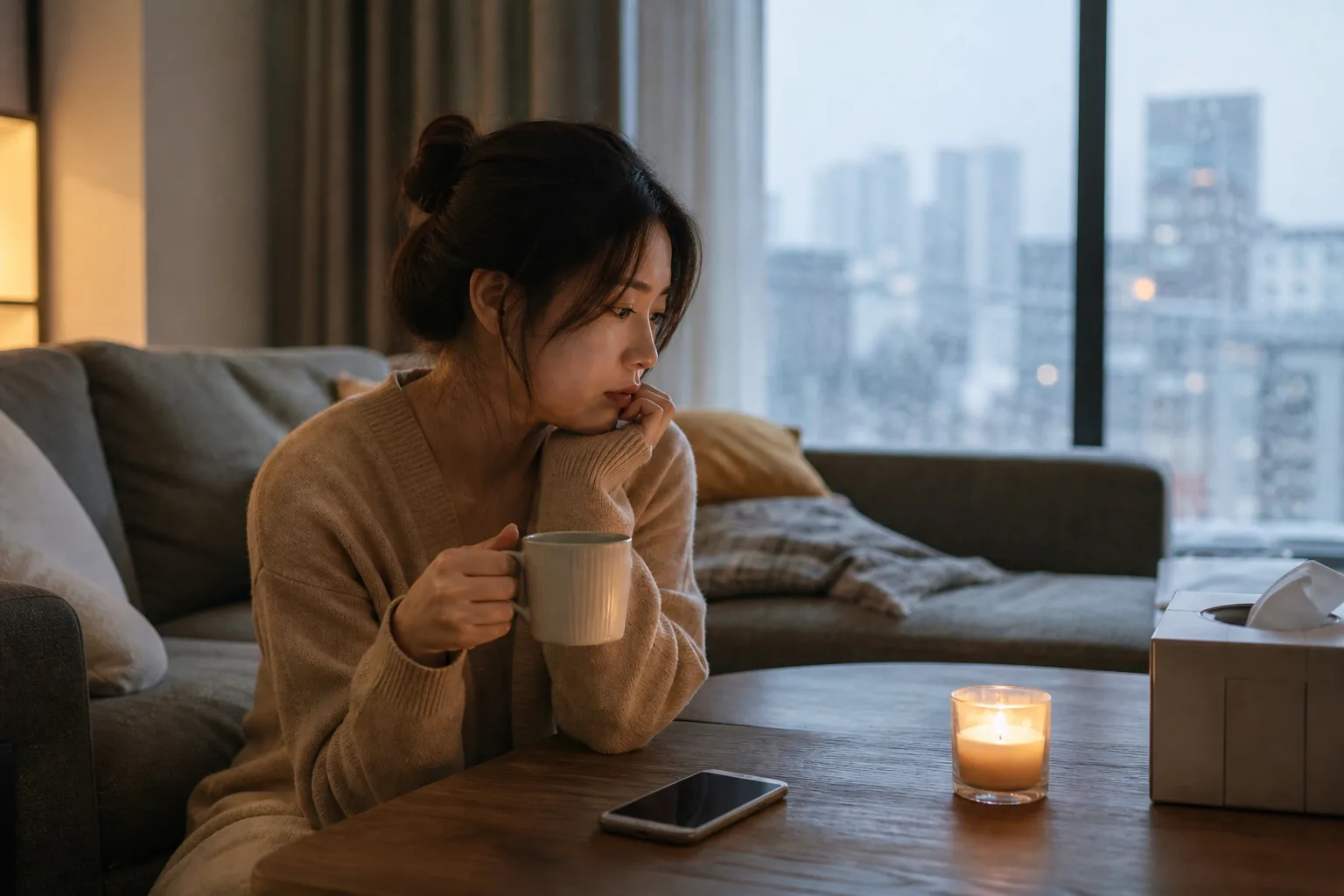 주말 밤 연락할 사람이 없어서 아무나 만나고 싶을 때 상황을 일상 공간에서 실제 행동과 표정으로 마주하는 한국 성인의 자연스러운 모습